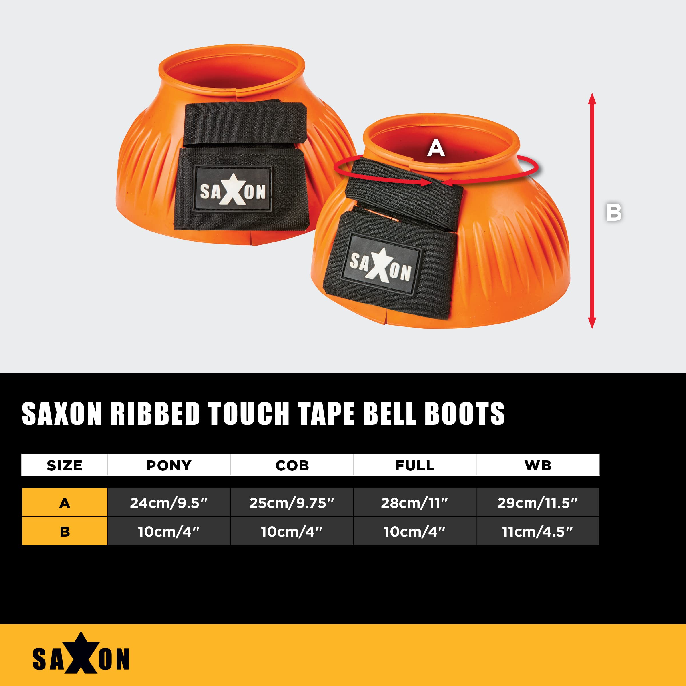 Saxon Ribbed Touch Tape Horse Bell Boots - Black, Full Size - Durable Protection for Jumping & Riding | Stable & Training Use