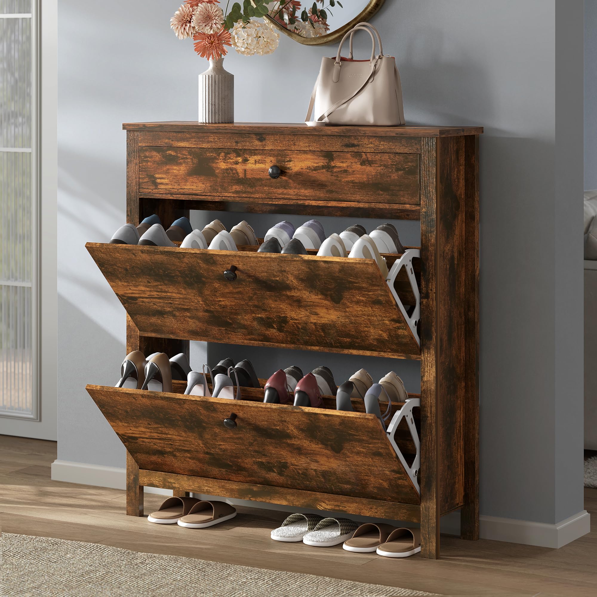 DWVO 2-Tier Flip Drawer Shoe Cabinet - Slim Space-Saving Shoe Storage Organizer with Metal Frame, Adjustable & Removable Hidden Shoe Rack - Free Standing Entryway Hallway Furniture (Brown) - Perfect for Small Apartments & Closet Organization