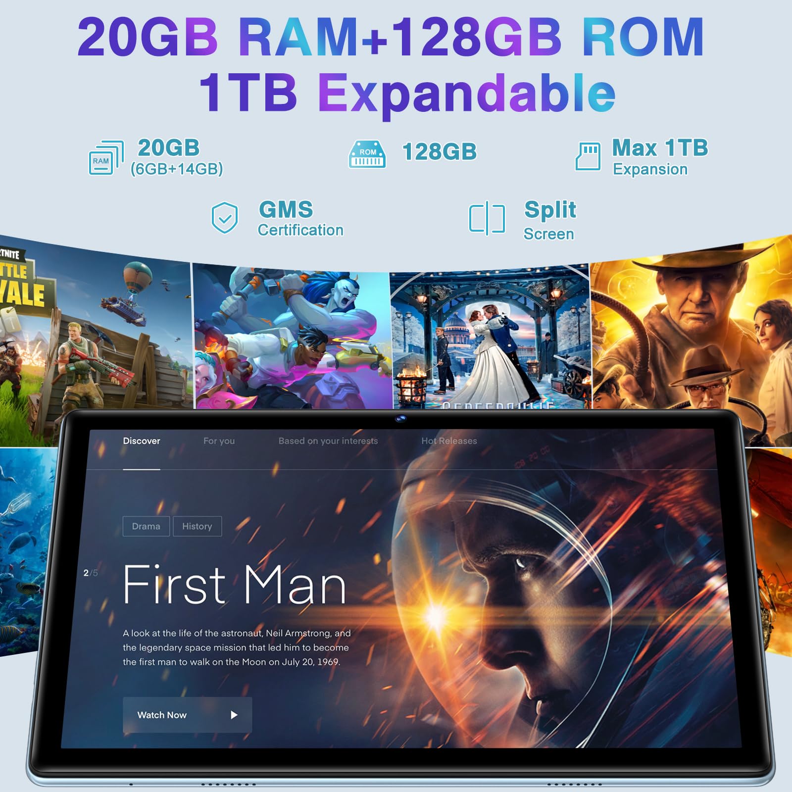 DEERTiME 2024 Android 14 Tablet - 20GB RAM 128GB ROM (Expandable to 1TB), 5G WiFi, Octa-Core 1.8GHz, Bluetooth 5.0, 8MP+5MP Camera, GMS Certified, Widevine L1, GPS - with Keyboard (Blue) | Perfect for Work, Study, Streaming & Gaming