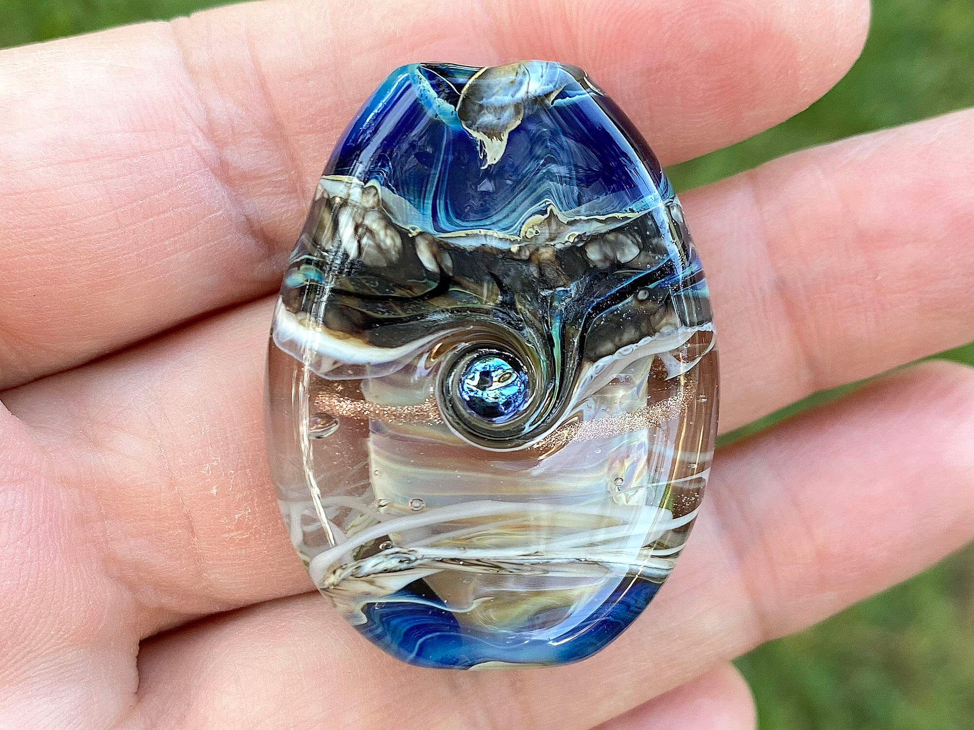 Handmade Silver Blue Ivory Organic Lampwork Glass Focal Bead for Jewelry Making - Perfect for Necklaces, Bracelets, and DIY Craft Projects