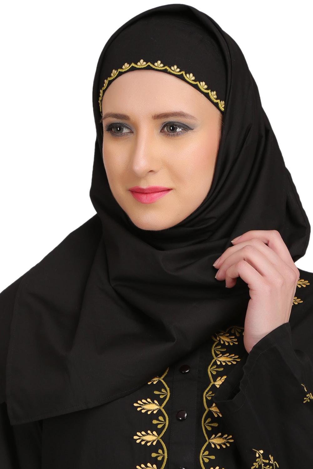 Elegant Black Cotton Hijab with Embroidered Band - Modest Muslim Headscarf for Women - Perfect for Daily Wear, Prayer & Special Occasions