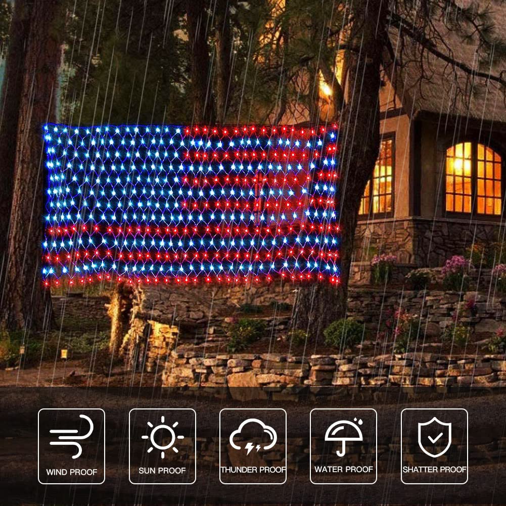 Solar Powered American Flag Lights - 420 LED Waterproof US Flag Lights with 8 Lighting Modes (Plug-in & Solar 2-in-1) for Independence Day Decorations, Garden, Yard, Patio - Perfect for July 4th Celebrations & Outdoor Night Lighting