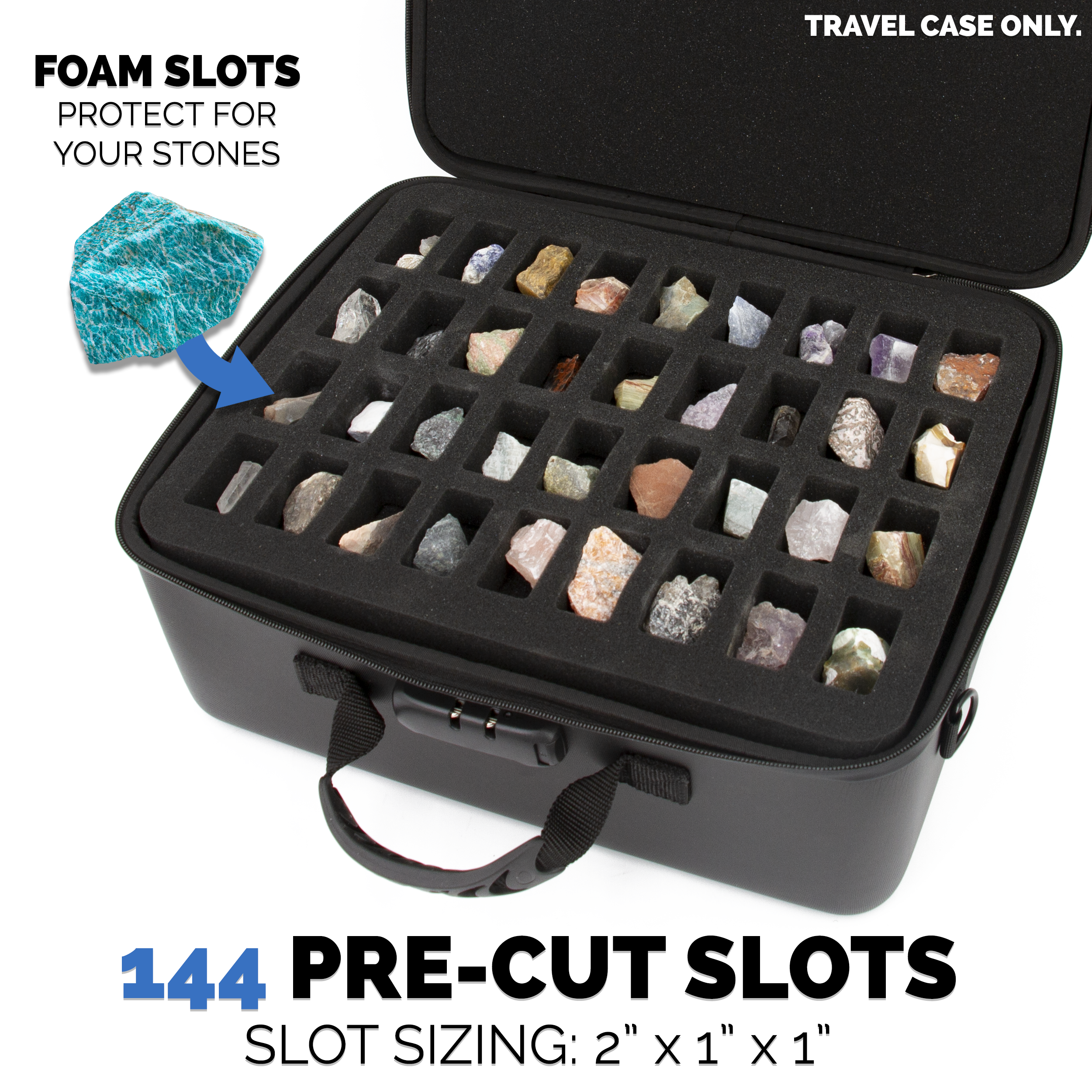 CASEMATIX 144 Slot Rock Collection Box with Programmable Lock - Crystal Storage Case with 4 Trays & Shoulder Strap - Perfect for Travel, Geology Field Trips & Mineral Organization