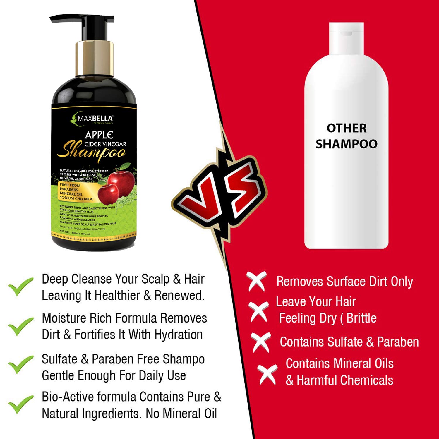 MAXBELLA® Apple Cider Vinegar Shampoo with Argan Oil - Anti Dandruff & Hair Loss Treatment for Men & Women - Paraben Free, Mineral Oil Free - 300ml - Perfect for Daily Hair Care & Scalp Health