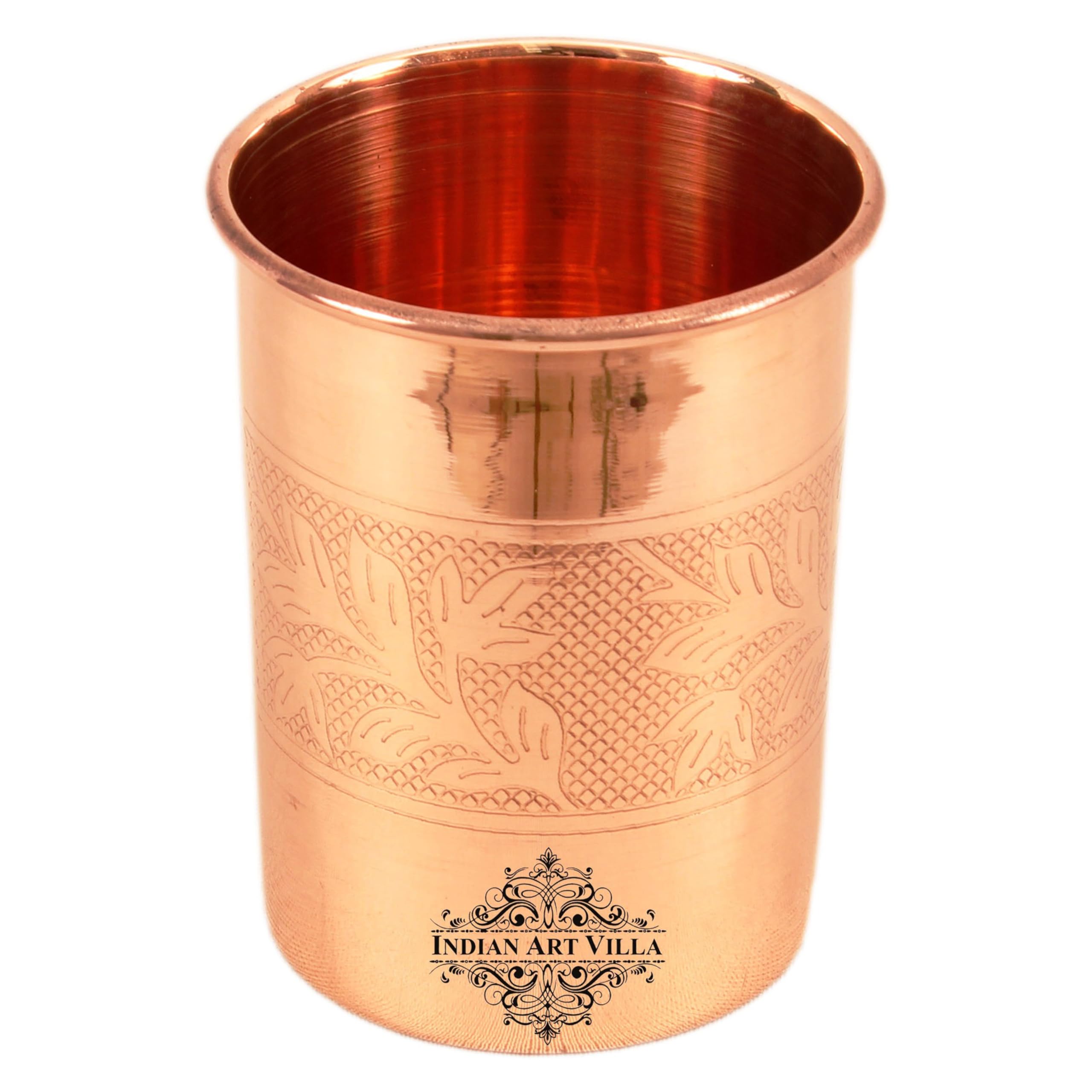 Handcrafted 10 oz Copper Tumbler Set of 6 - Engraved Leaf Design Indian Art Villa Drinkware | Perfect for Home, Kitchen, Restaurants & Gifts | Ideal for Water, Juice, Cocktails & Ayurvedic Drinks