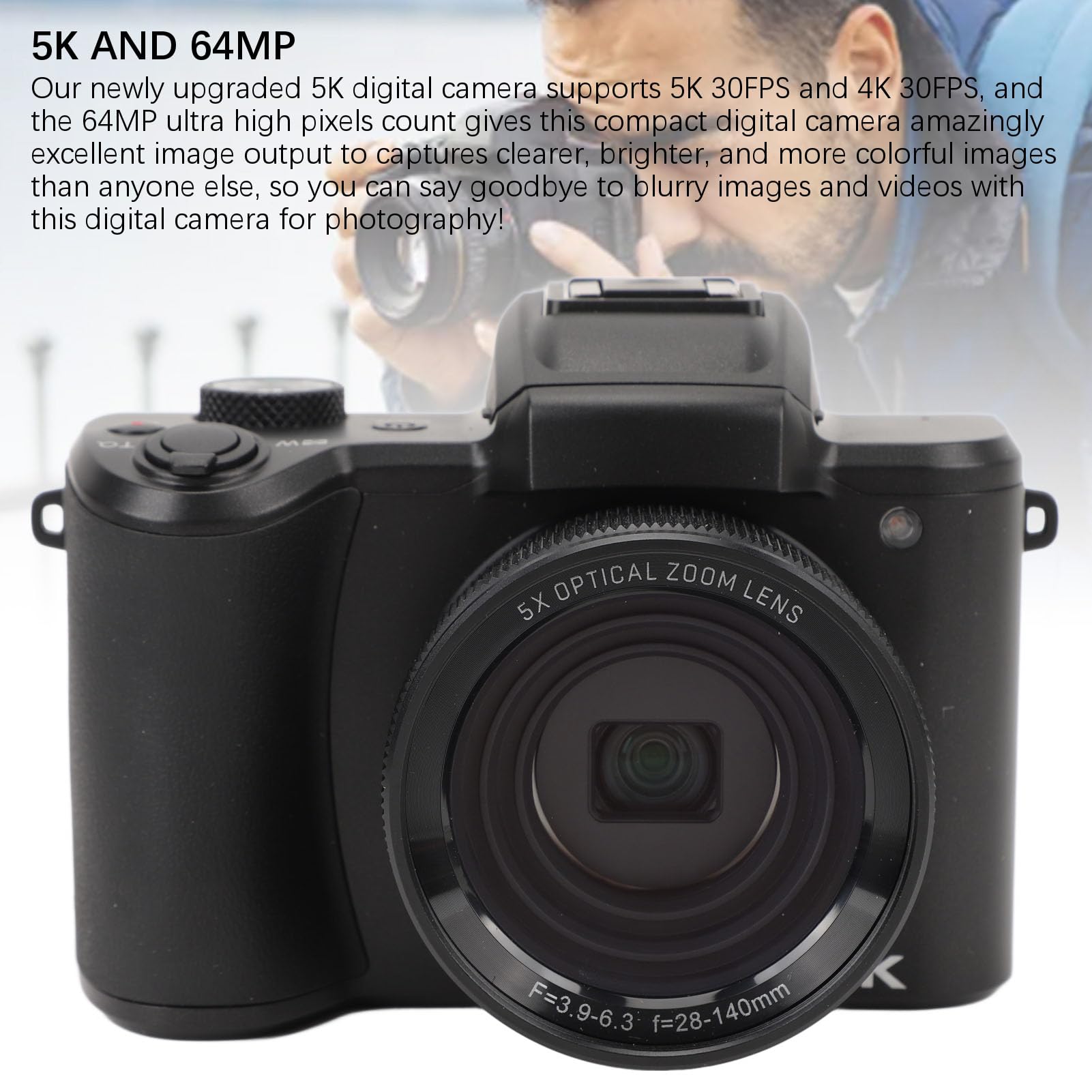 5K Digital Camera with Autofocus, 5X Optical Zoom, 6-Axis Stabilization & 64MP - Dual Lens Vlogging Camera for YouTube, Travel and Content Creation