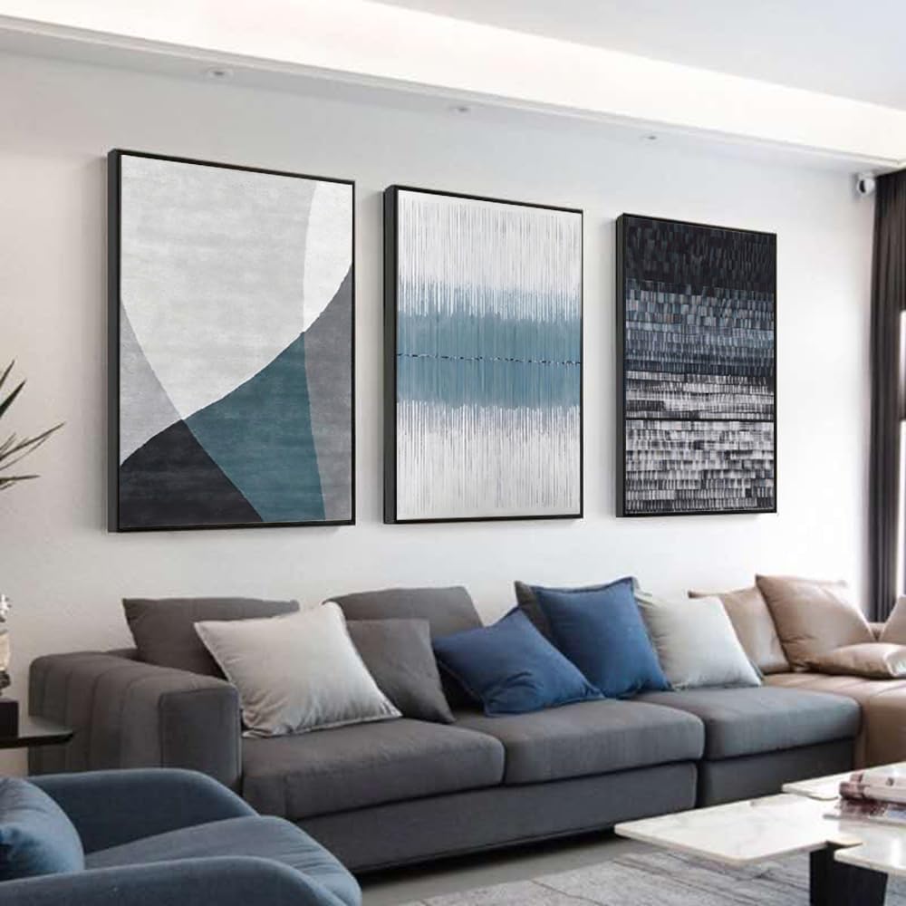 Modern Abstract Blue Canvas Wall Art Set of 3 - Navy Large Framed Decor for Living Room, Bedroom & Office (24