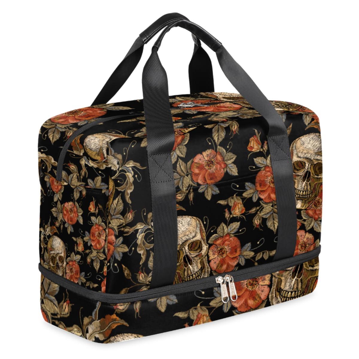 Skull Print Duffel Bag - Skeleton Flower Gym Tote with Wet Pocket & Shoe Compartment - Waterproof Travel Carry On Luggage for Men & Women - Perfect for Gym, Sports, Weekend Trips & Overnight Travel