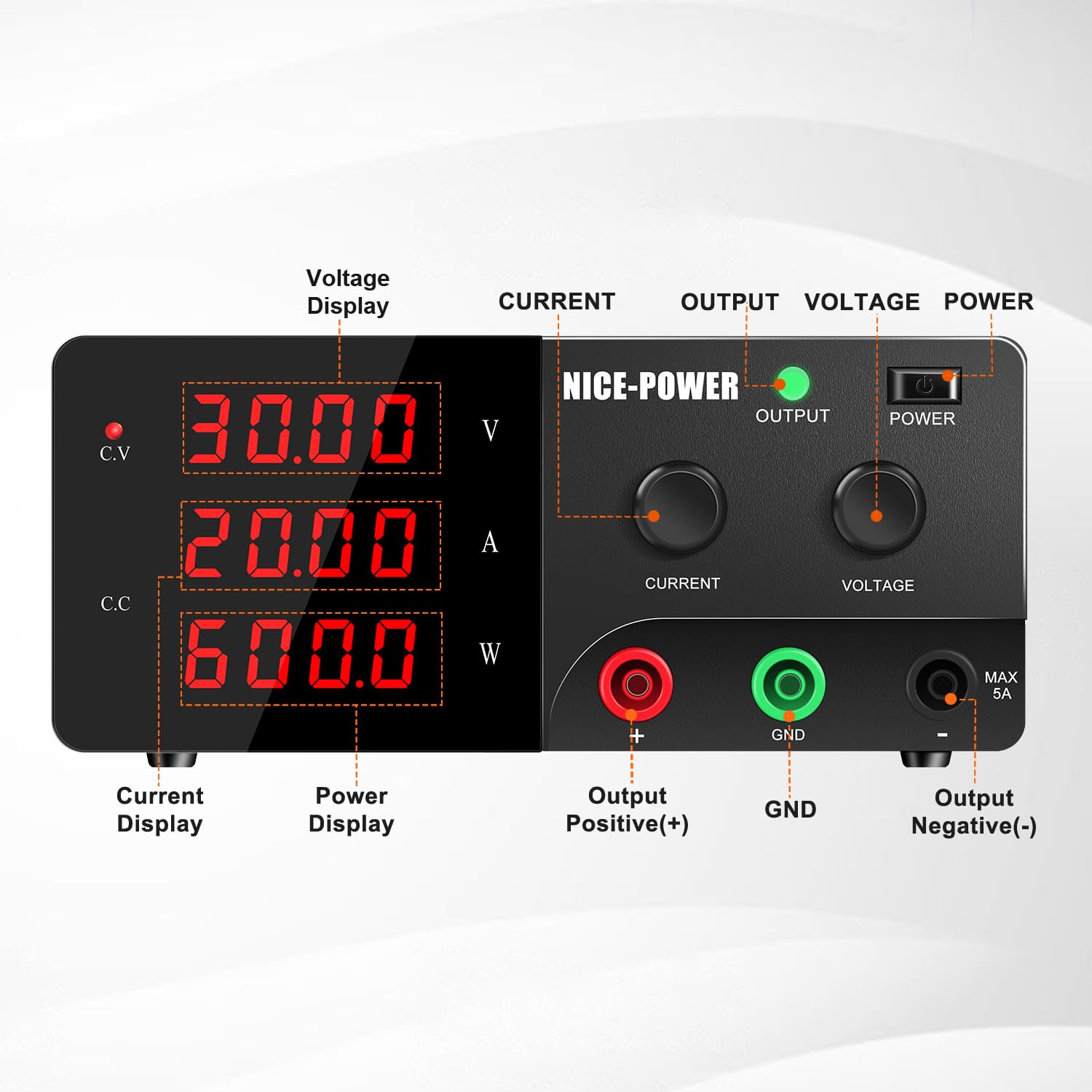 NICE-POWER 600W Adjustable DC Power Supply, 30V 20A Variable Lab Bench Power Supply with Encoder Knob & Output Switch - Precision Switching Regulated Power Supply for Electronics Repair, Testing, DIY Projects & Industrial Use