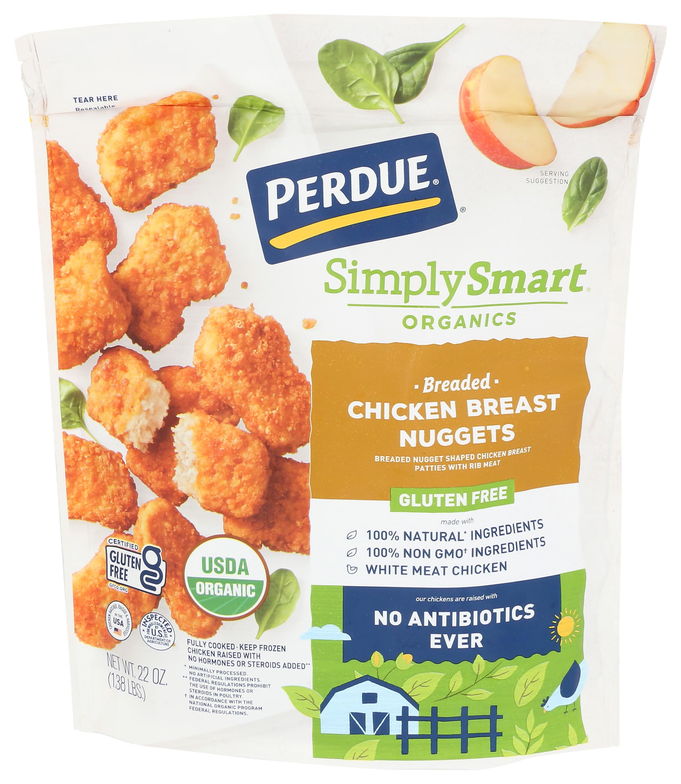 Perdue Simply Smart Organics Gluten Free Breaded Chicken Breast Nuggets - 22 oz Frozen Chicken Bites | Healthy Snack for Kids, Quick Meal for Busy Families, Party Appetizer