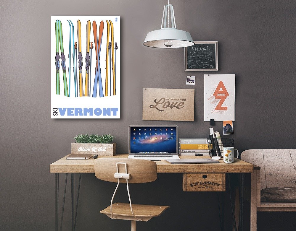 Lantern Press Skis in Snow Vermont Wall Art - 16x24 Wrapped Canvas Print for Home & Office Decor - Perfect for Living Room, Bedroom, or Ski Lodge Decor