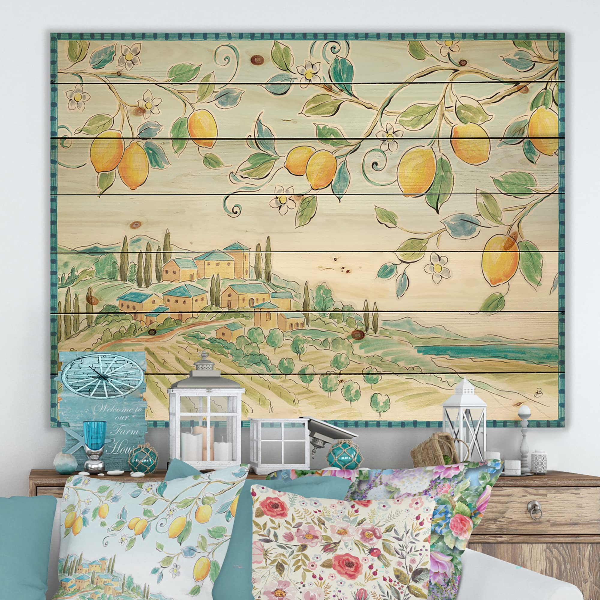 DesignQ Mediterranean Village Farmhouse Wood Wall Decor - Yellow Wood Wall Art for Kitchen & Dining Room - Large Food & Beverage Themed Pine Wood Panels - Rustic Home Decor for Restaurants, Cafes & Farmhouse Style Interiors