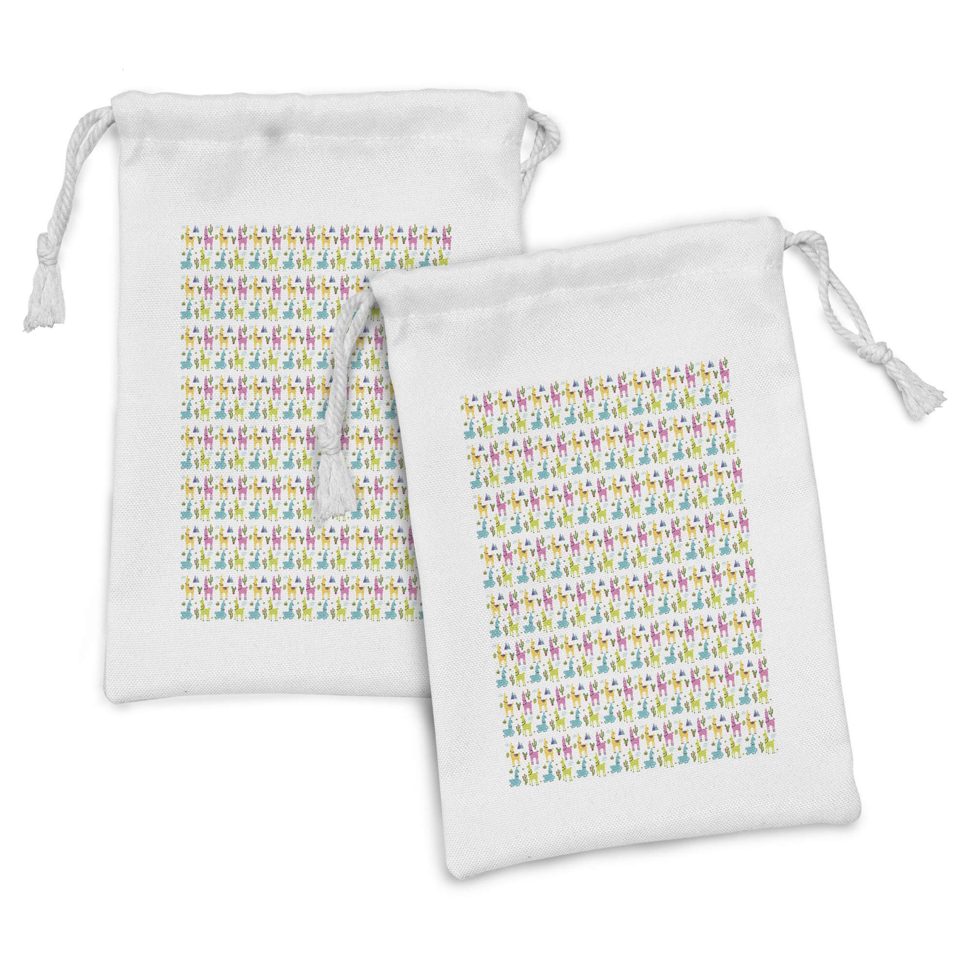 Ambesonne 2-Pack Cartoon Fabric Drawstring Pouches - Colorful Alpaca Mountain & Cactus Leaf Pattern - 9