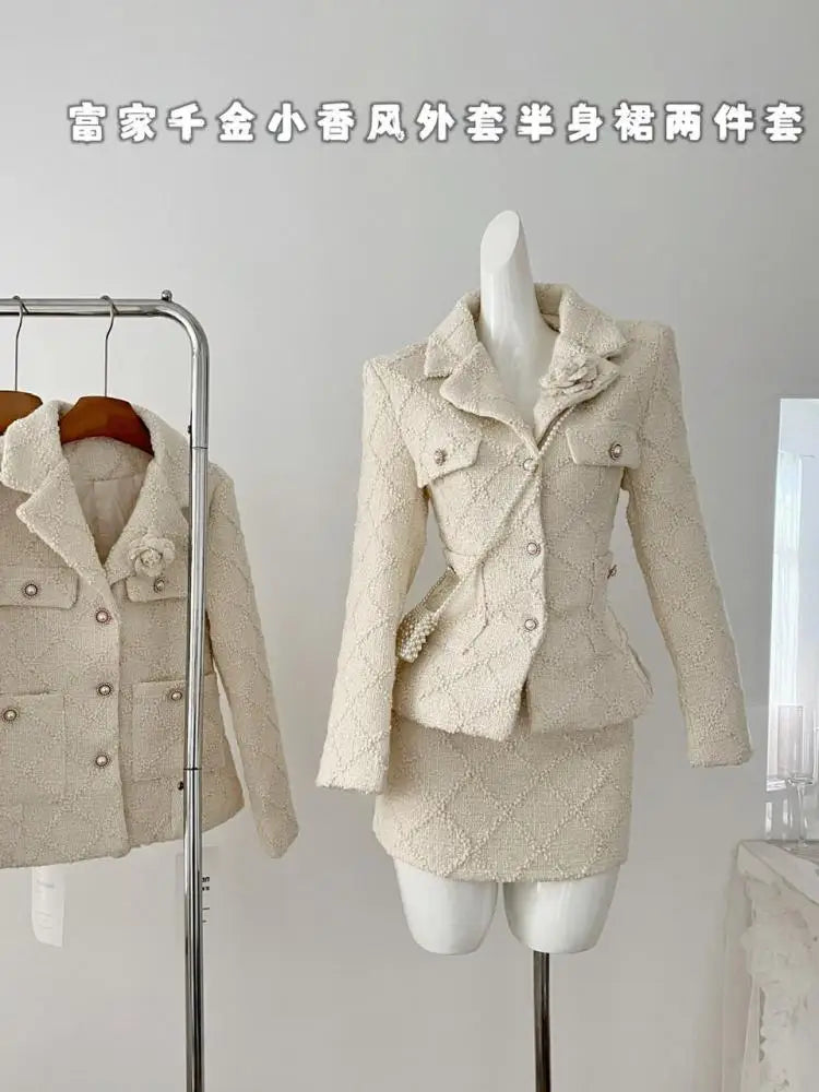 Vintage Women's Two Piece Set - Long Sleeve Single Breasted Beige Coat & High Waist Skirt | Fall Winter Fashion Outfit for Work, Date & Holiday Events