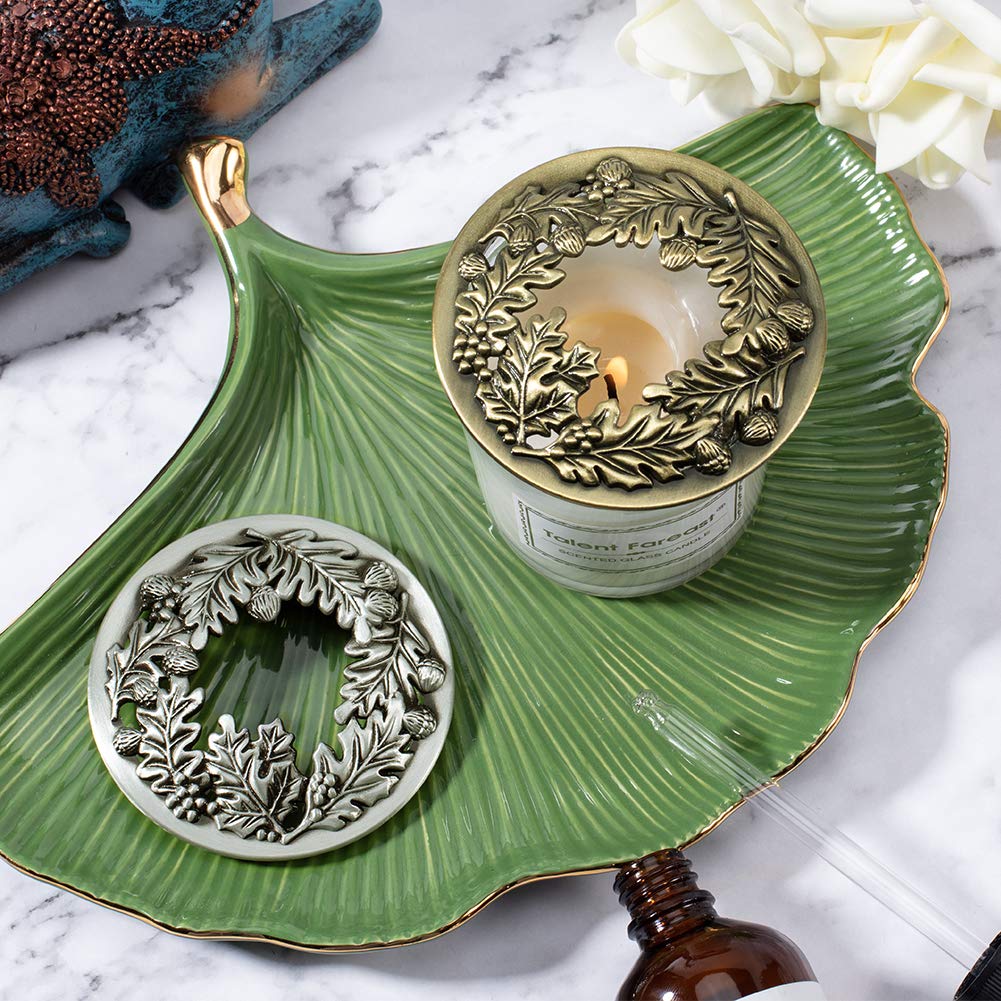 2 Pack Candle Topper Leaf Pine Jar Lid Shade Sleeves - Antique Bronze & Silver 3.19