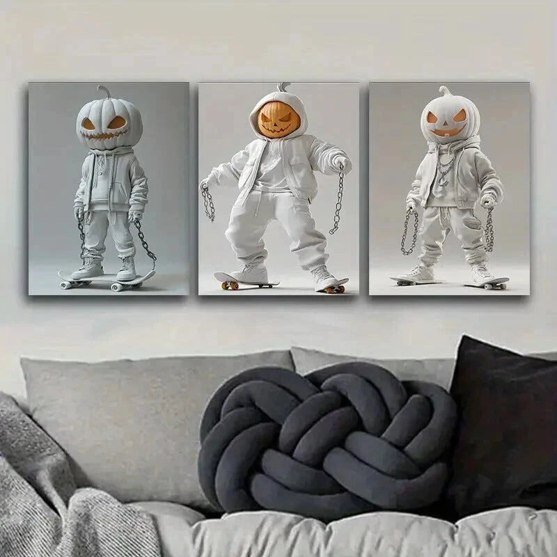3-Piece Evil Pumpkin Wall Art Set - Framed Canvas 50x70cm (19.7x27.6in) - High Quality Print - 100% Australian Made - Ready to Hang - Perfect for Halloween Decor, Gothic Home Decor & Spooky Room Decor