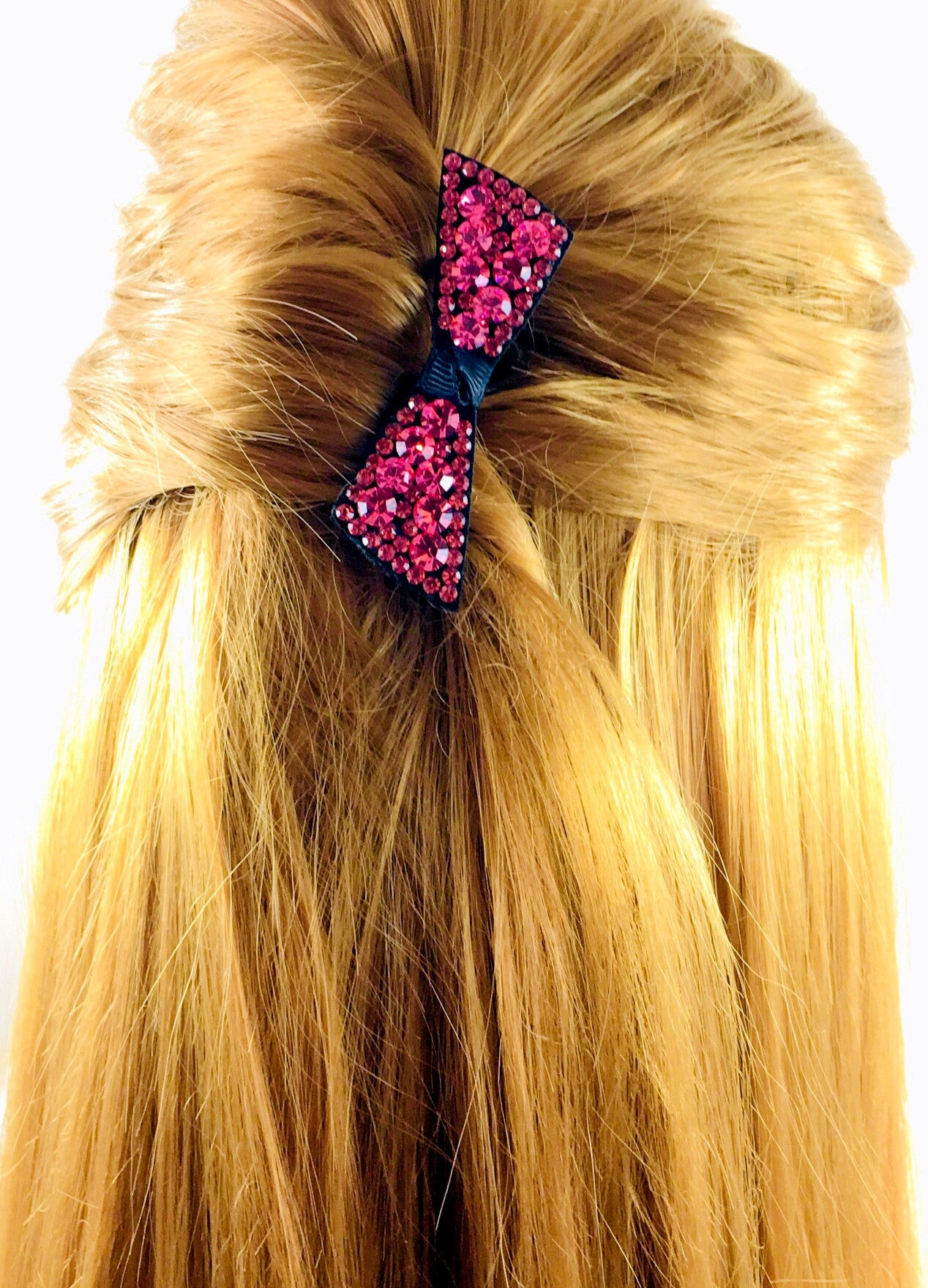 Swarovski Crystal Bow Knot Hair Clip - Elegant Acrylic Black Base with Hot Rose Pink Crystals | Perfect for Weddings, Parties & Everyday Glamour