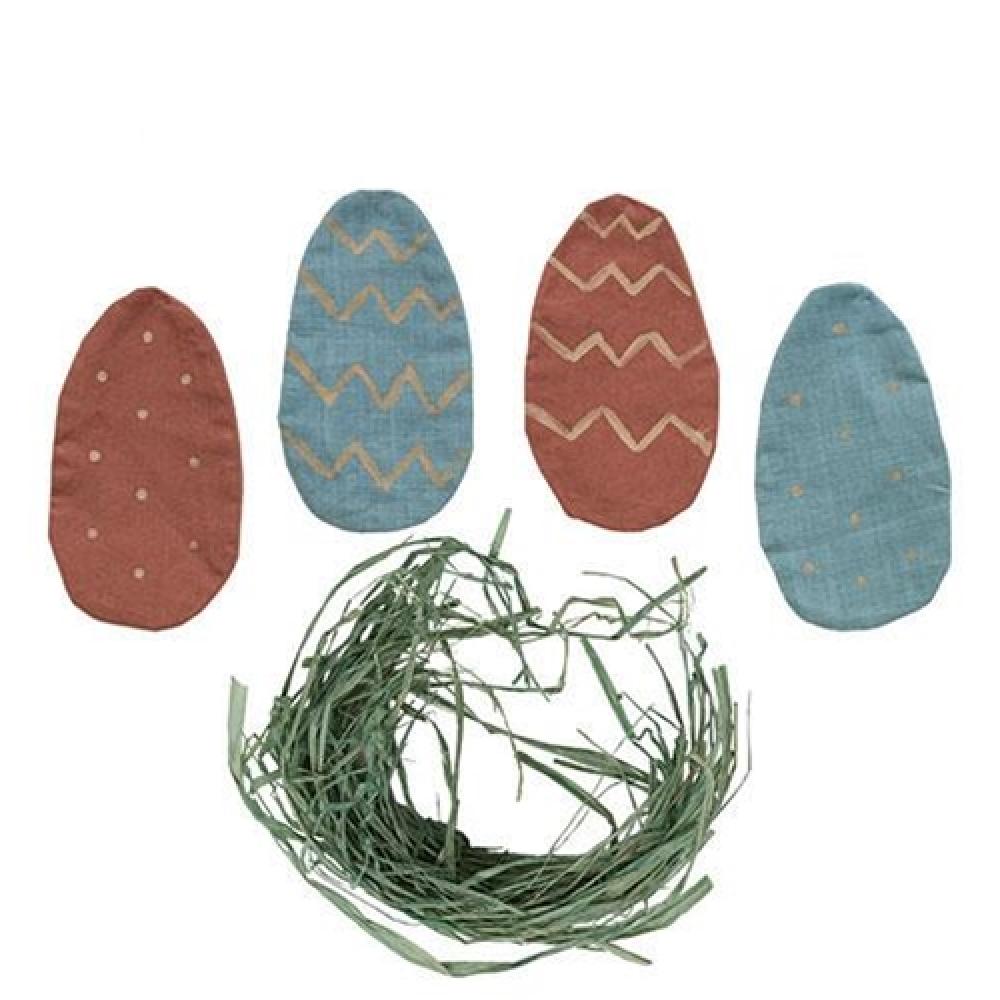 4-Pack Stiffened Fabric Primitive Egg Ornaments with Nest Filler - Rustic Farmhouse Easter Decor for Table Centerpiece, Spring Wreath, and Holiday Home Decor