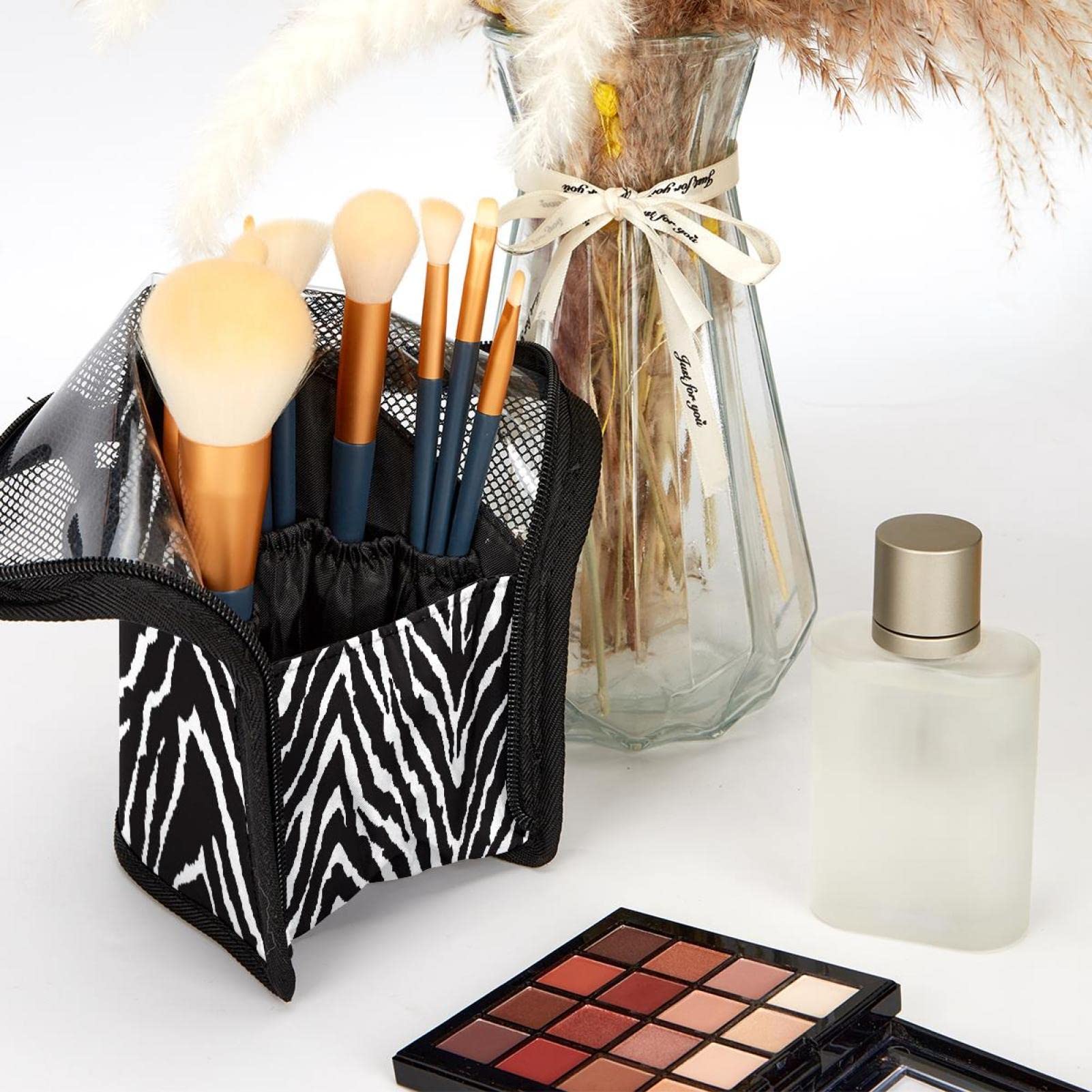 12-Piece Makeup Brush Organizer Bag with Black & White Zebra Print - Portable Brush Holder Case for Travel & Home Storage