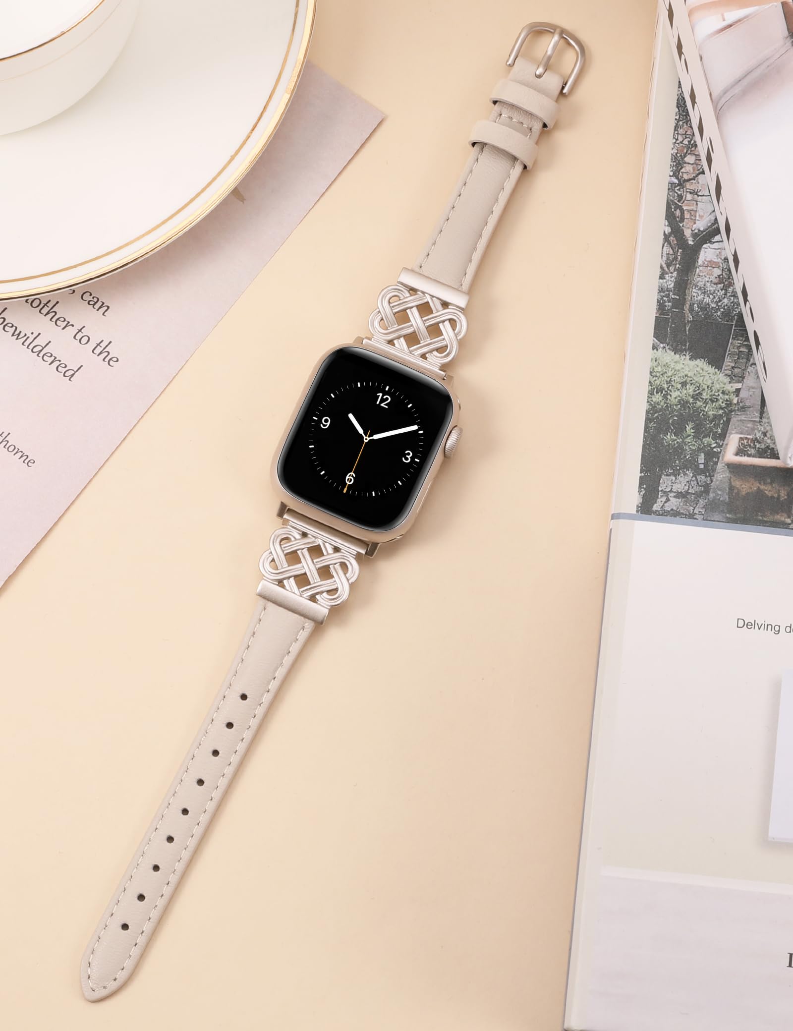 Premium Leather Apple Watch Band for Women - Compatible with 38/40/41/42mm iWatch Series 10/9/8/7/6/5/4/3/2/1 & SE - Slim Dressy Strap with Designer Buckle (Starlight) - Perfect for Work, Parties & Everyday Wear