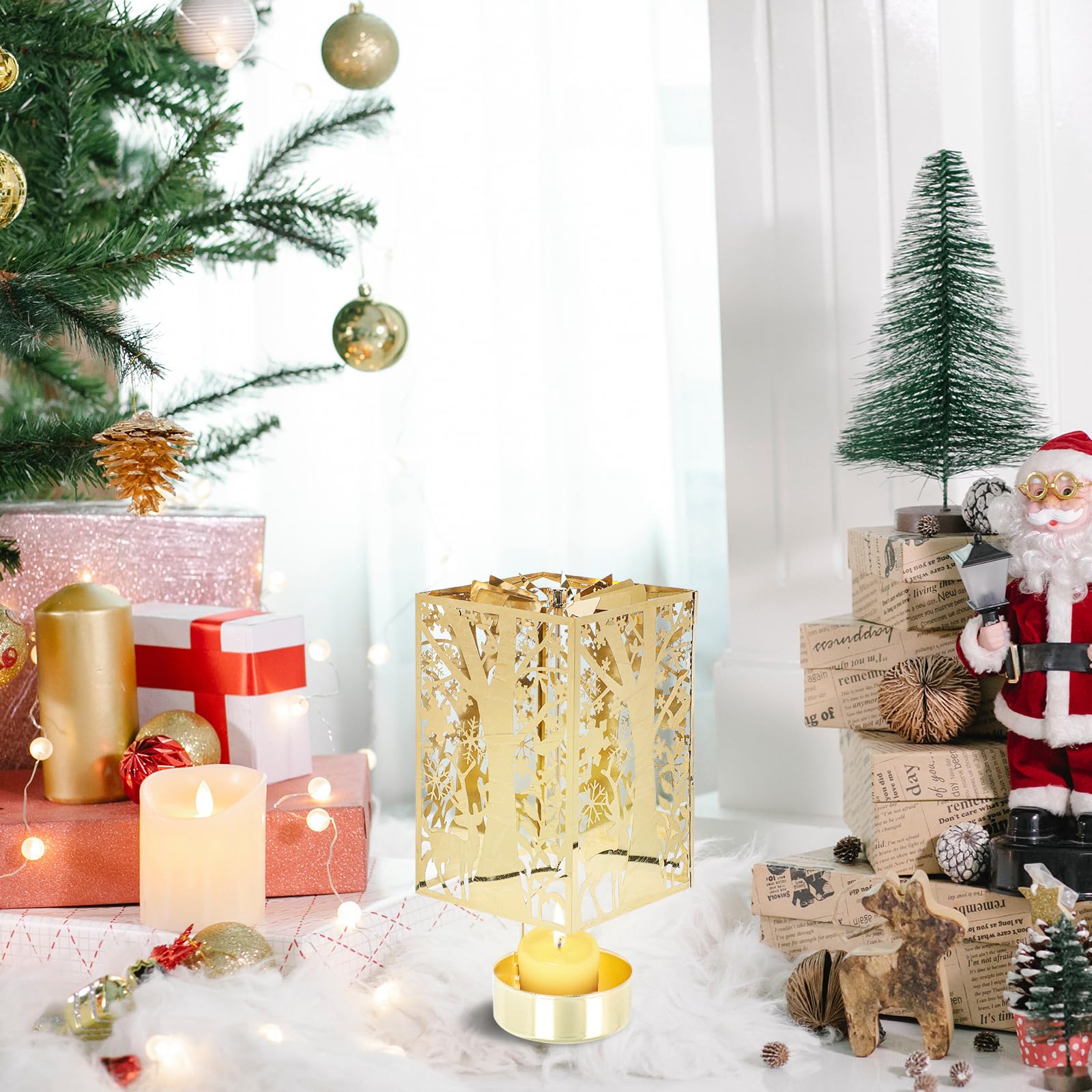 Beaupretty Golden Rotating Candle Holder - Christmas Carousel Spinning Tealight Candlestick for Holiday Decor, Wedding Centerpiece & Romantic Dinner Ambiance - Perfect for Christmas, New Year Party, Wedding and Home Decoration