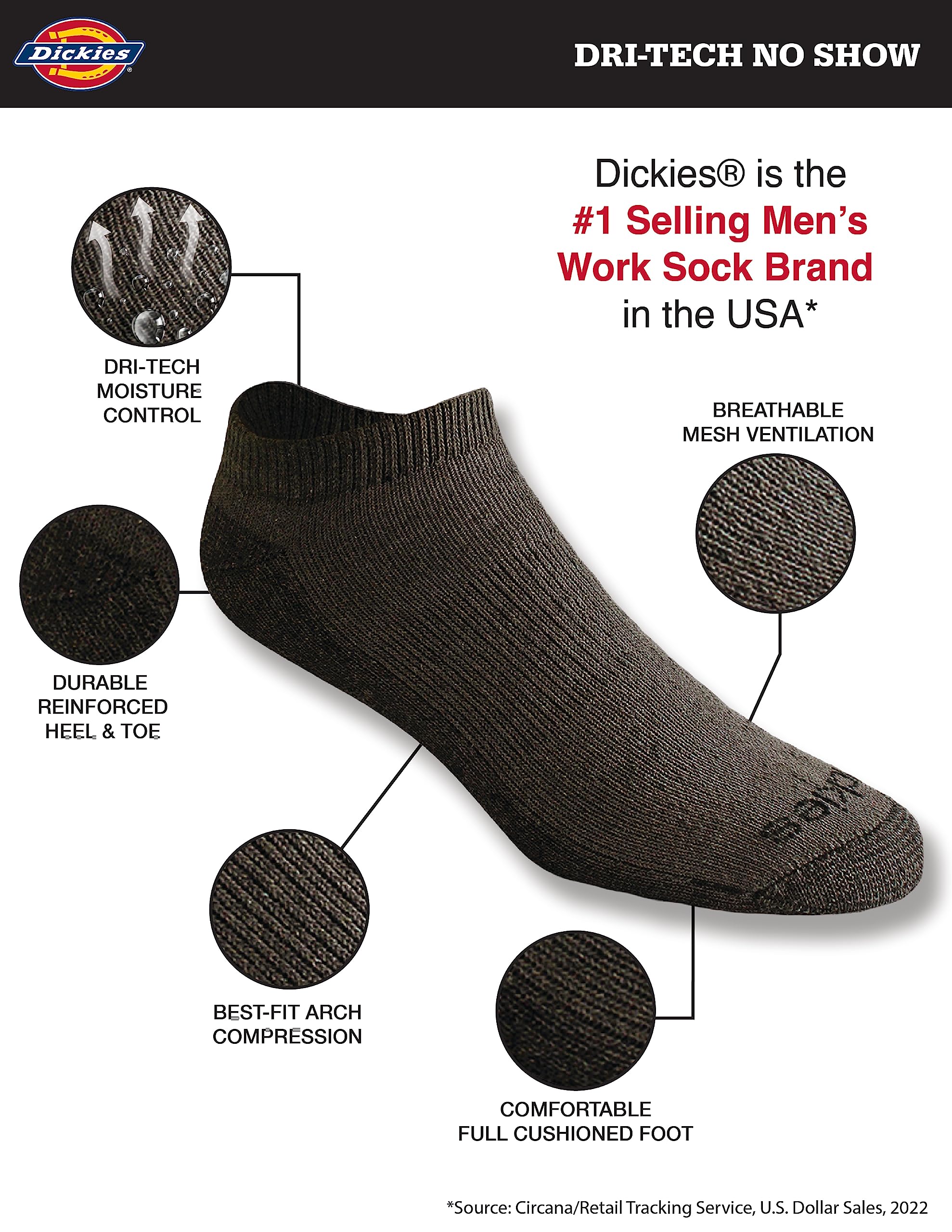 Dickies Men's Dri-Tech Moisture Control No Show Socks (6-Pack, 12-Pack) - Breathable, Odor-Resistant Athletic Socks for Running, Gym & Casual Wear - Sizes M-XXL