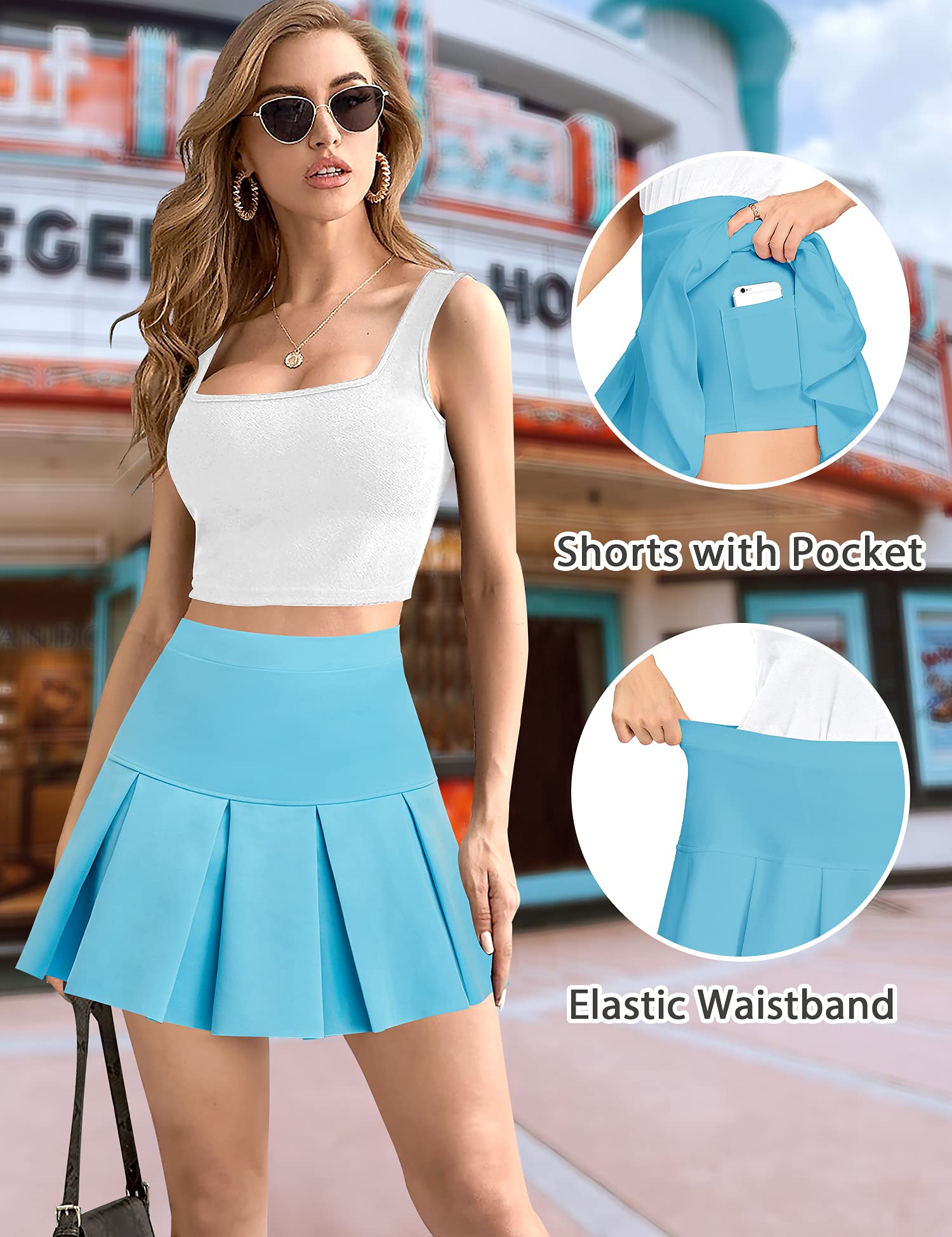 Women's High Waisted Pleated Tennis Skirt with Built-in Shorts & Pockets - Cute Mini Skater Skort for School, Sports & Casual Wear