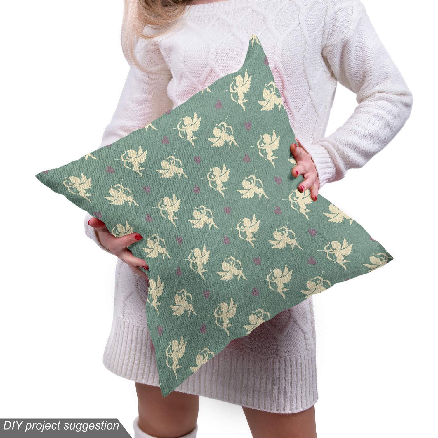 Ambesonne Green Fabric by The Yard - Greek Inspired Romance Cupid Silhouette with Hearts Print, Decorative Upholstery Fabric for Sofa, Curtains & Home Decor, 10 Yards, Jade Green Purple Cream - Perfect for DIY Projects, Pillow Covers & Table Runners