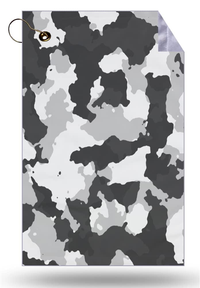 Premium Winter Snow Camo Camouflage Golf Bag Towel - Black Grey White Microfiber Velour - 11x18 Inches with Metal Grommet & Clip - Perfect for Golfers in Cold Weather & Snowy Courses
