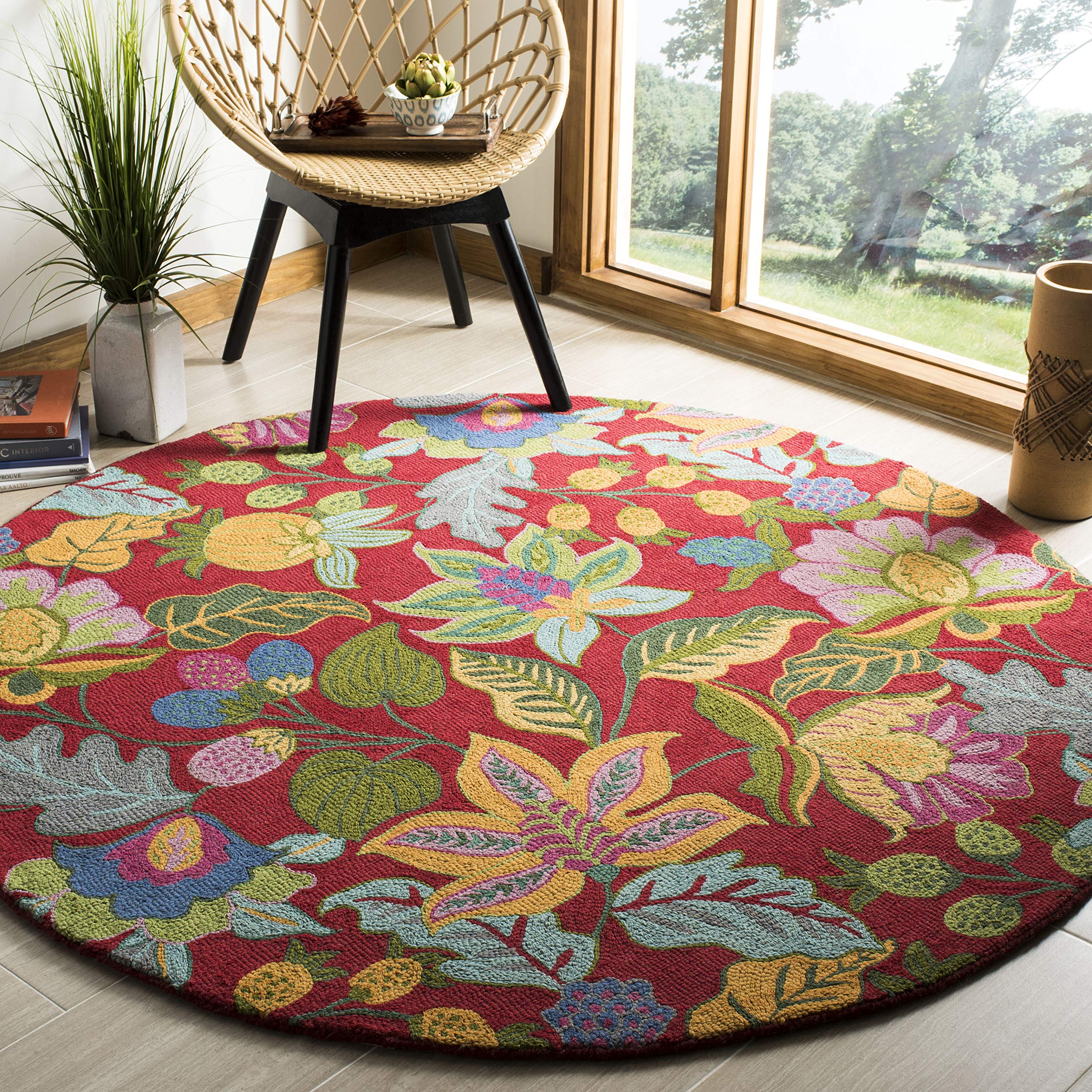 SAFAVIEH Jardin Collection 6' Round Red Multi Floral Handmade Wool Area Rug - Perfect for Living Room, Bedroom & Home Decor