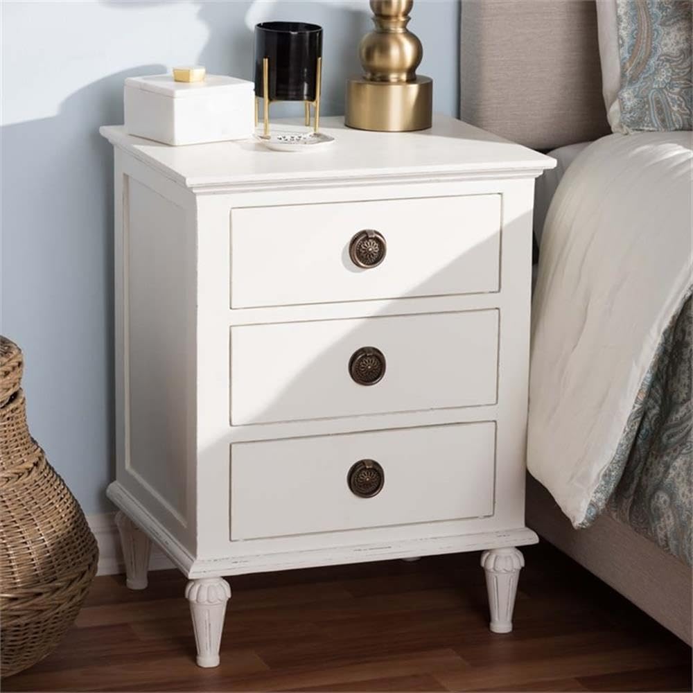BOWERY HILL Whitewashed Hardwood 3-Drawer Nightstand - Provincial Style Bedside Table for Bedroom, Guest Room & Nursery Furniture