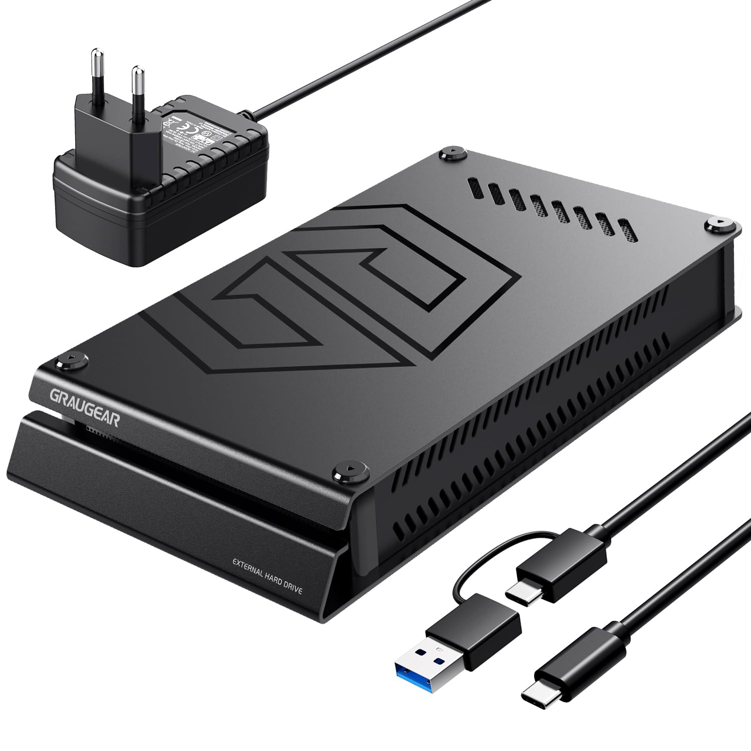 GRAUGEAR 4TB External Hard Drive Aluminum Case for Playstation - Pre-Formatted for PS4/PS5, 3.5 Inch HDD with Power Adapter - High Capacity Storage for Gaming, Media & Backup