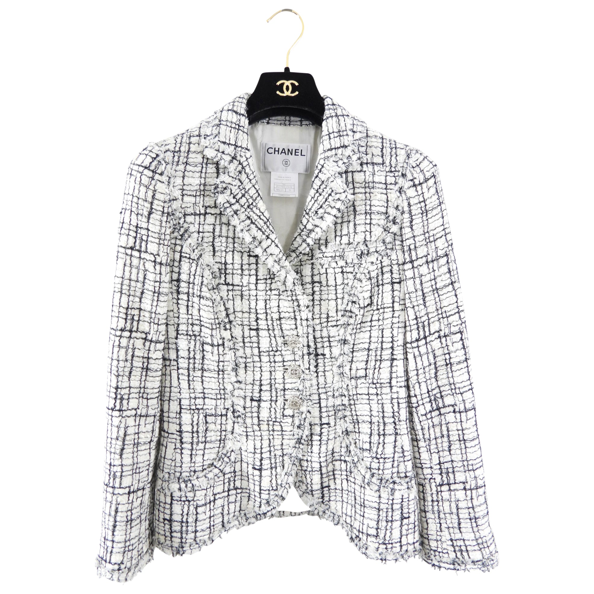 Chanel 06C Black and White Tweed Jacket with Silver Buttons - Size FR38 / US6 - Luxury Women's Outerwear for Office, Dinner Parties & Special Events