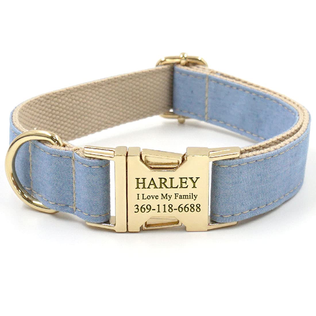 Personalized Denim Dog Collar with Engraved Name & Phone - Gold Metal Buckle, Light Blue Jean for Medium & Large Dogs - Perfect for Weddings, Birthdays & Special Occasions (Collar Only, Size M) | Durable & Stylish Pet Accessory for Daily Walks & Outdoor Adventures