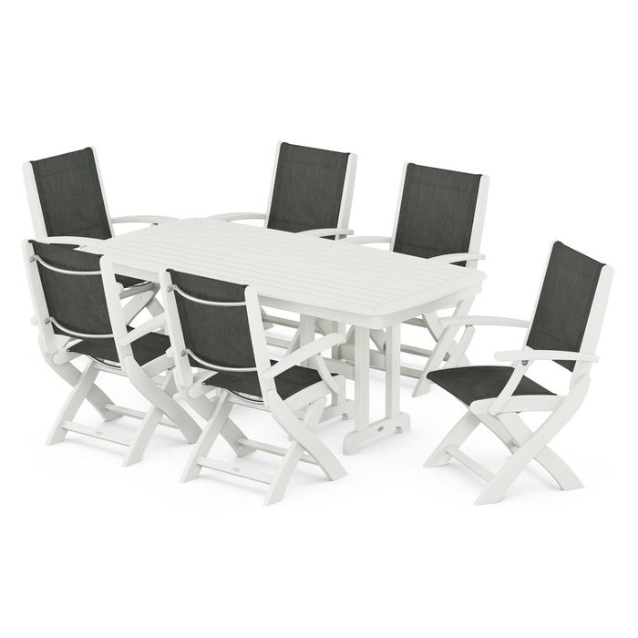 POLYWOOD Coastal Folding Arm Chair 7-Piece Outdoor Dining Set - Perfect for Patio, Deck, Poolside & Beachfront Entertaining
