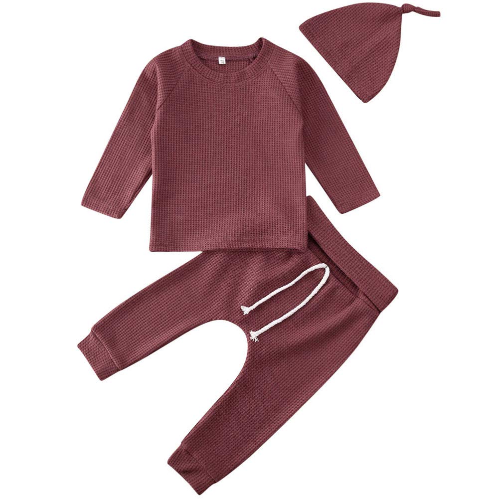 Newborn Baby Boys Girls Waffle Knit Cotton Outfit Set with Hat - Long Sleeve Top & Pants - Soft Homewear for Infants 0-12 Months | Perfect for Playtime, Photo Shoots & Cozy Family Moments