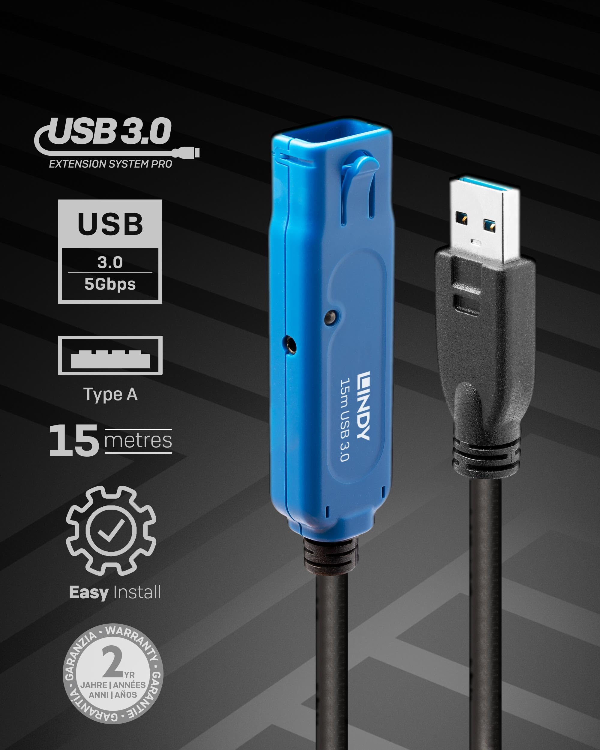 LINDY 43229 15m USB 3.0 Active Extension Cable Pro - High Speed Data Transfer for PC, Laptop, Printer - Durable Black Cable for Office & Home Use