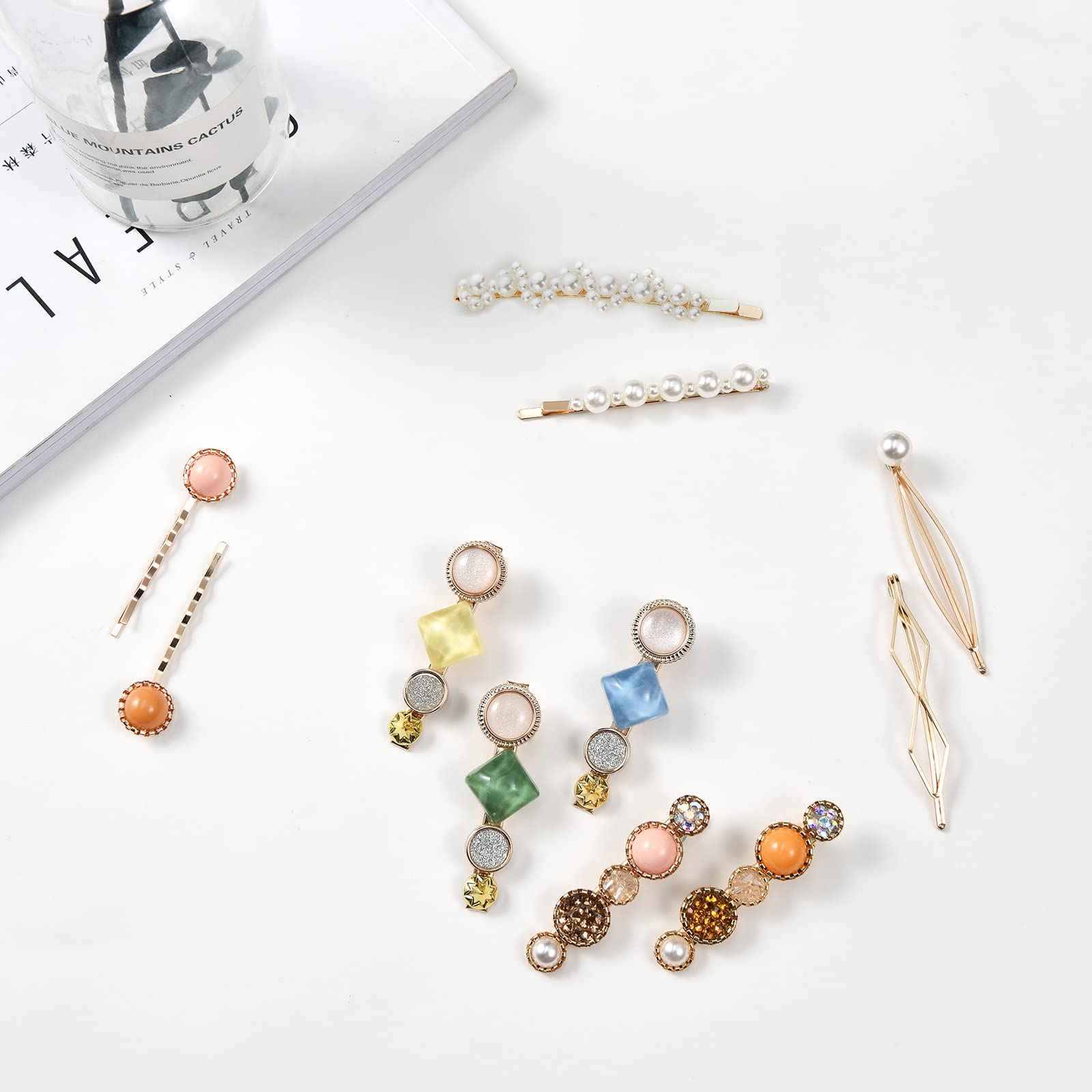 20 PCS Handmade Pearl & Acrylic Resin Hair Clips - Elegant Gold Hair Barrettes, Marble Alligator Bobby Pins, Glitter Crystal Geometric Hairpins for Women & Girls | Wedding, Party & Daily Hair Accessories Gift Set