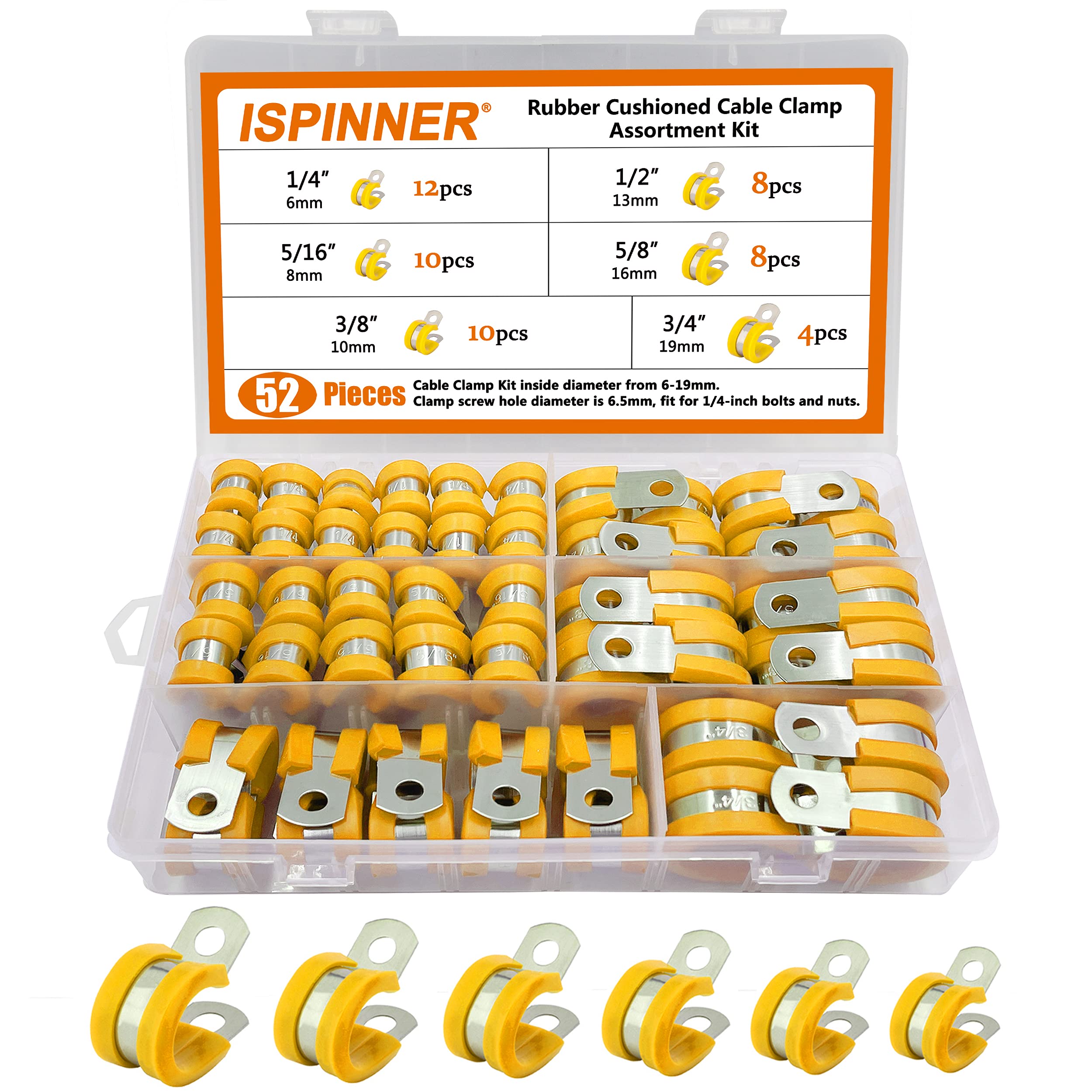 ISPINNER 52pcs Stainless Steel Cable Clamps Kit - 304 Rustproof Pipe Clamps with Rubber Cushion in 6 Sizes (1/4