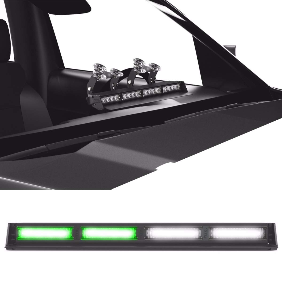 SpeedTech Lights Striker TIR 4-Head High Intensity LED Strobe Light Bar - Emergency Vehicle Warning Light with Windshield & Dash Mount, Cigarette Lighter Plug (Green/Clear) - Perfect for Police Cars, Tow Trucks & Roadside Safety