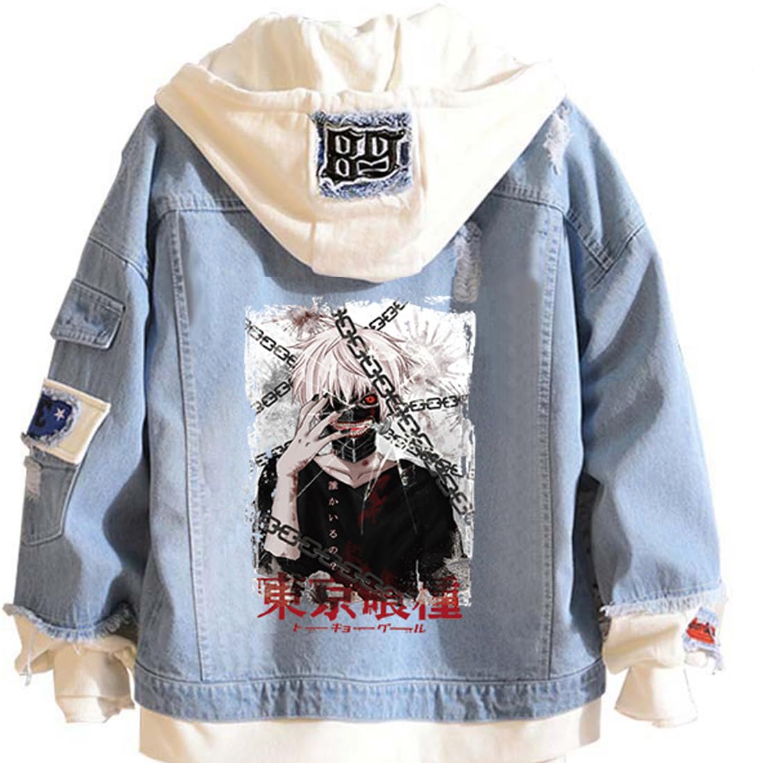 Tokyo Costume Women & Men Trucker Jacket - Classic Ripped Slim Fit Denim Jacket with Distressed Holes | Kaneki Hooded Jacket for Cosplay & Streetwear Fashion | Perfect for Halloween, Anime Conventions & Casual Outfits