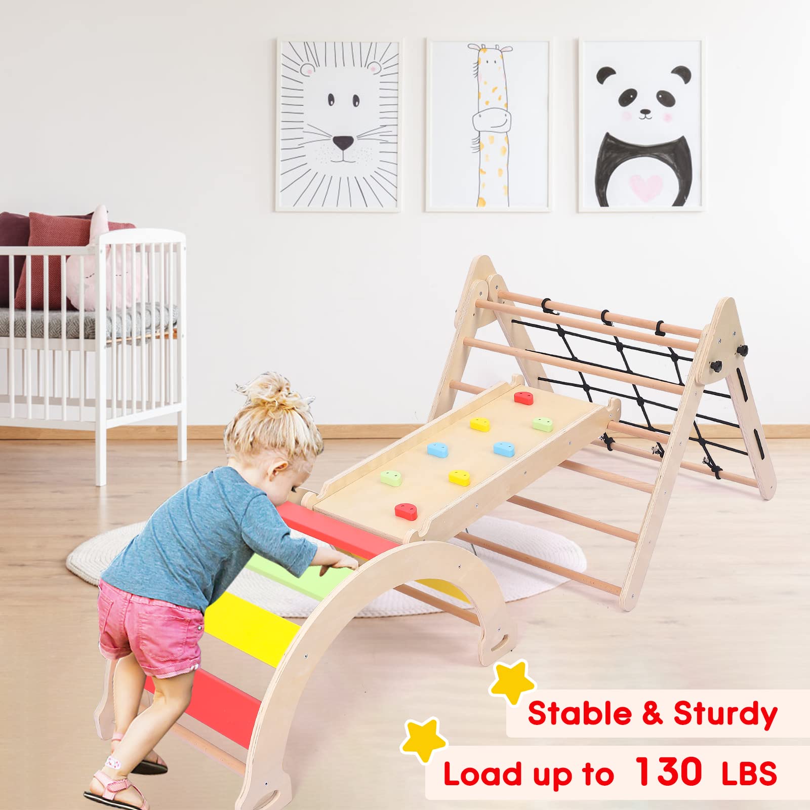 3-Piece Wooden Toddler Climbing Toy Set - Foldable Triangle Gym for Indoor Play, Kids Jungle Climber with Slide - Perfect for Home Playrooms, Daycares & Montessori Learning Activities