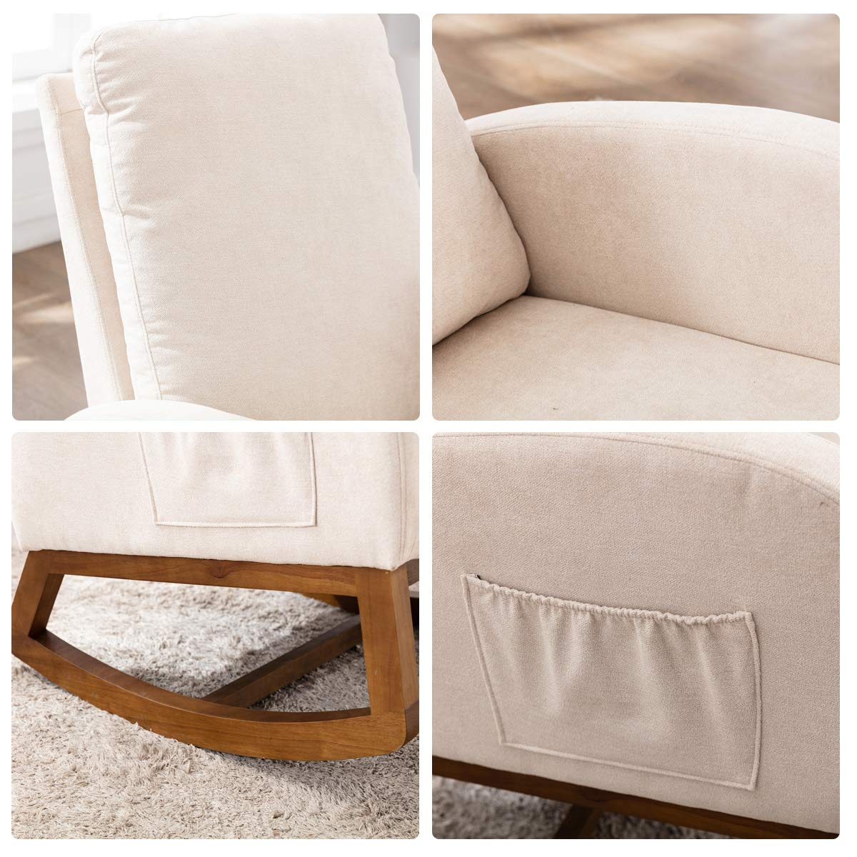 SSLine Upholstered Rocking Chair - Modern Fabric Rocking Armchair with Comfortable Cushion for Nursery, Living Room, Bedroom, Study & Office | Relaxing Lounge Chair for Reading, Nursing & Meditation (Beige)