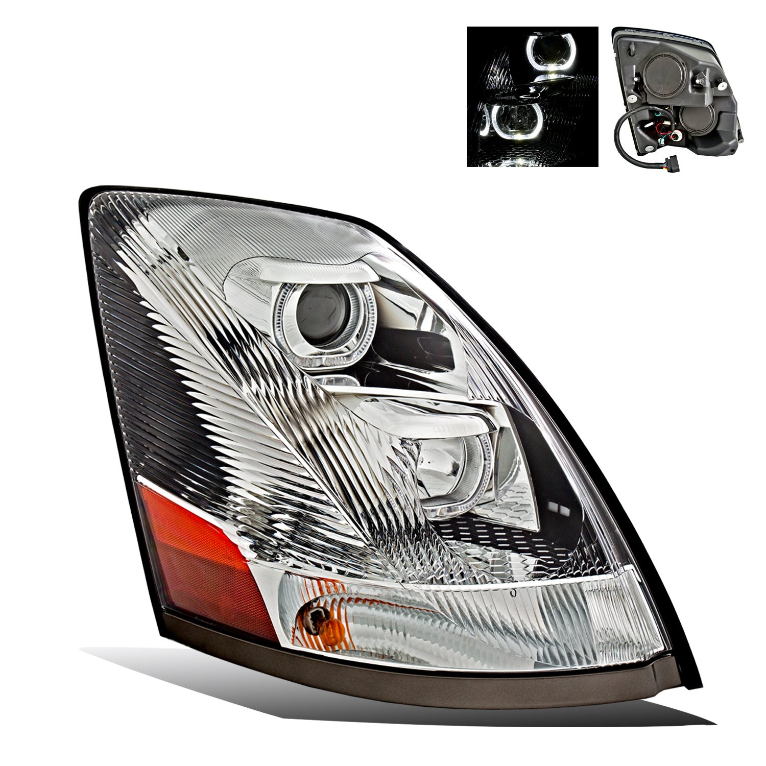 Volvo VN VNL Series Chrome Projector Headlights - Right Passenger Side with High/Low Beam Bulbs | Direct Replacement Headlamp for Improved Night Visibility & Style Upgrade