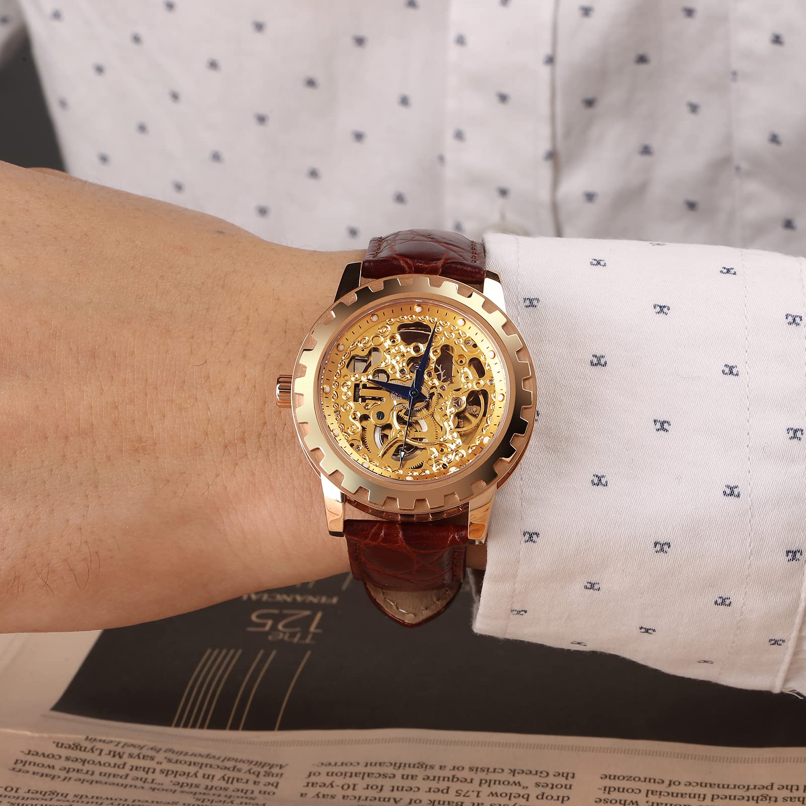 BERNY Luxury Automatic Skeleton Men's Watch - Gold Mechanical Dress Wristwatch with Exhibition Back, Luminous Markers & Waterproof - Perfect for Business, Formal Events & Gifts