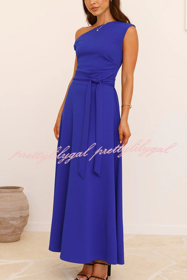 Elegant Solid Color Sloped Collar Slim Fit Waist Lace Up Maxi Dress for Women | Formal & Casual Occasions | Perfect for Weddings, Parties & Date Nights