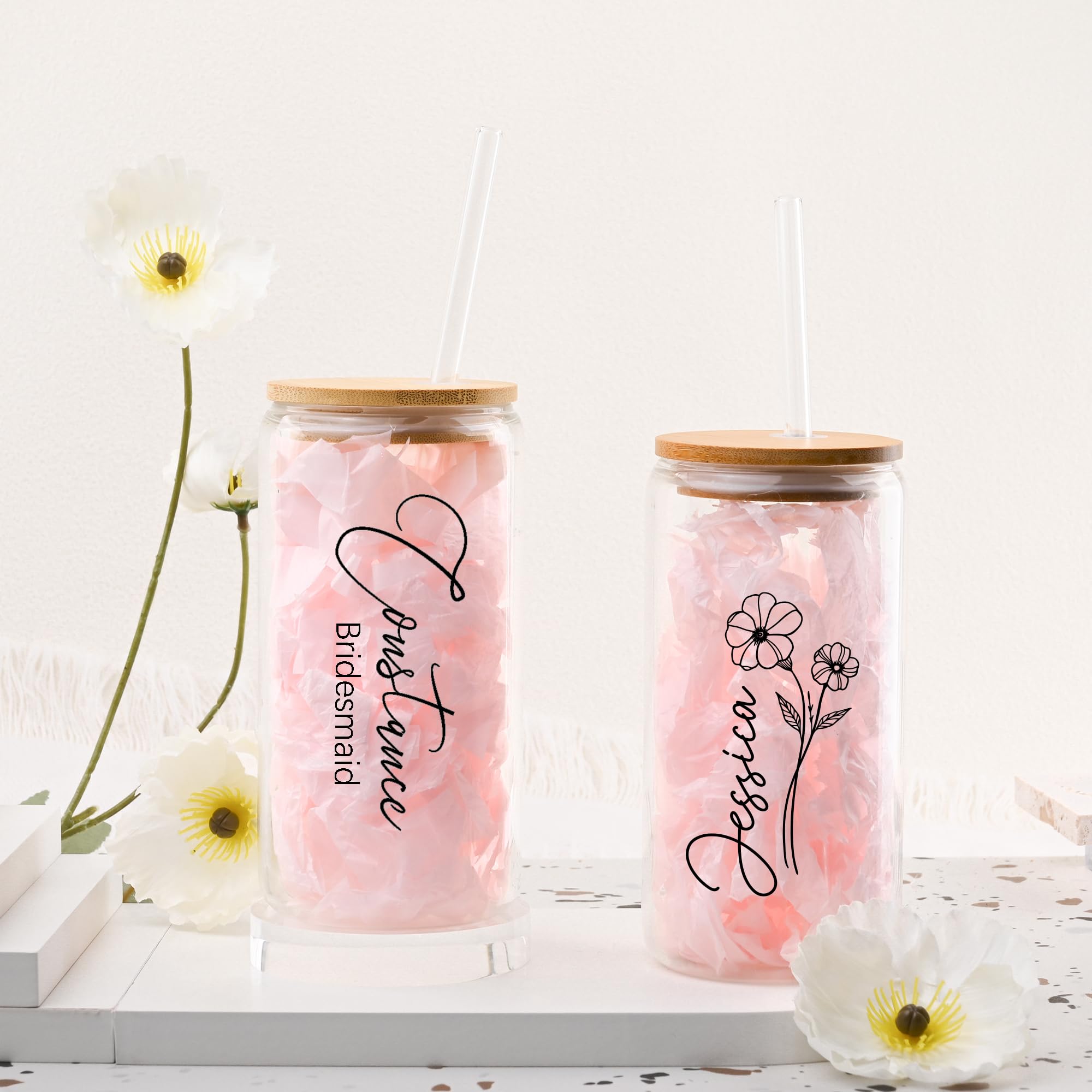 Personalized 16 Oz Glass Tumbler with Straw & Lid - Custom Name & Birth Month Flower Design - Ideal for Iced Coffee, Water & Smoothies - Perfect Gift for Women, Mom, Teachers (Birthday, Mother's Day, Anniversary) - Great for Office, Home & Travel Use