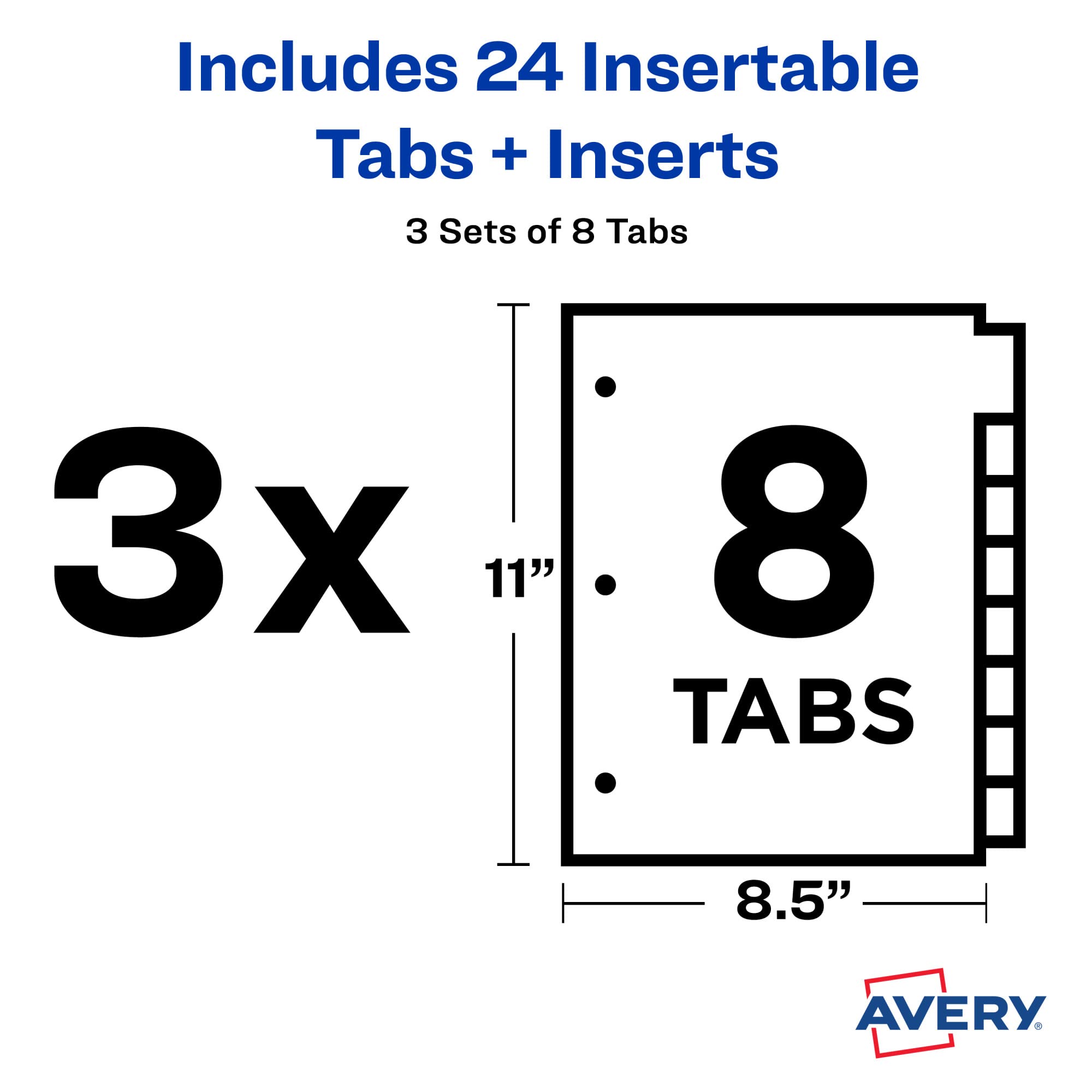 Avery 8-Tab Plastic Binder Dividers for 3-Ring Binders - Multicolor Insertable Big Tabs, 3 Sets (71901) - Perfect for School, Office Organization & Document Filing