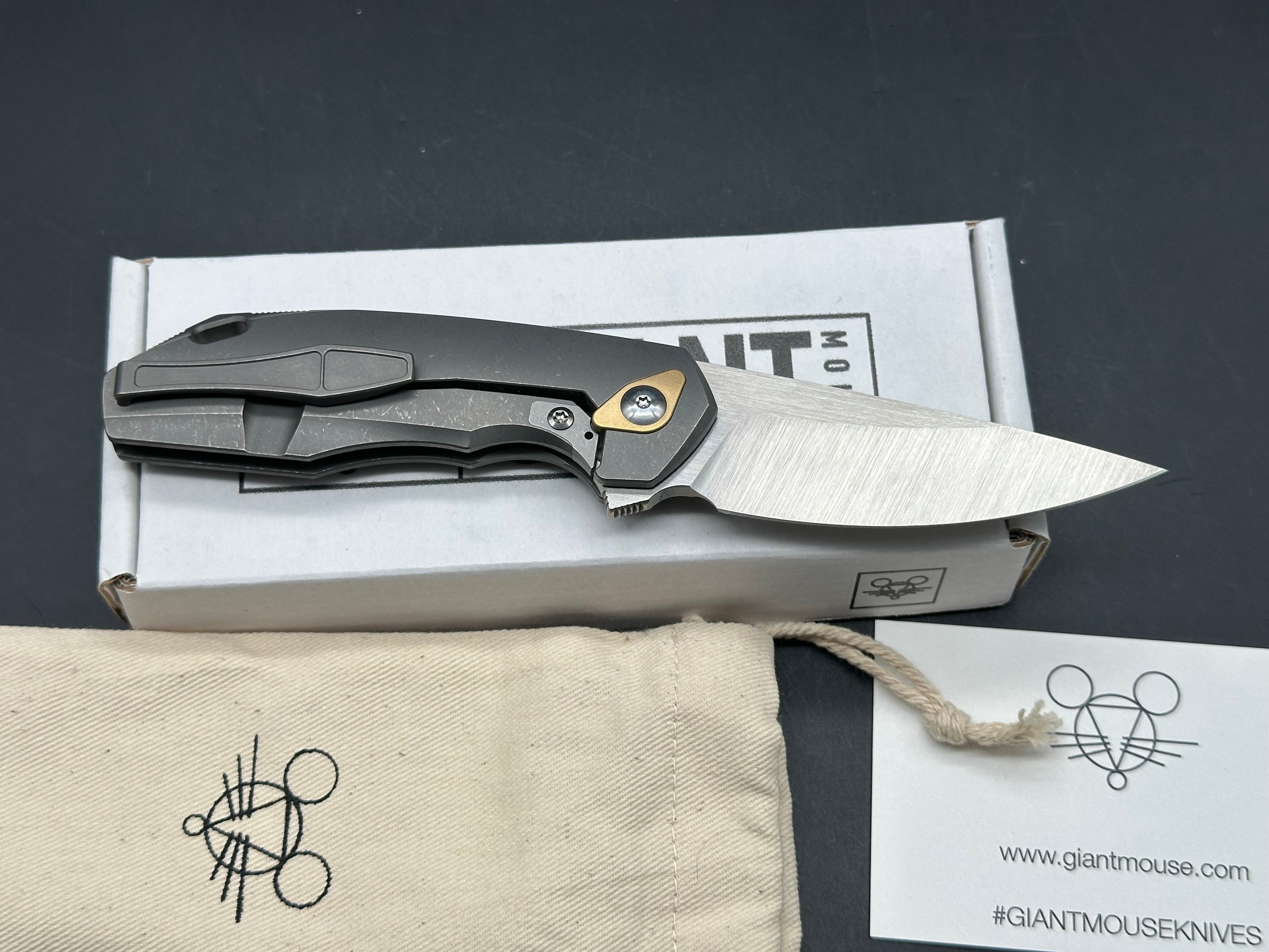 GiantMouse GM6 #047 Folding Knife - M390 Satin Blade, Stonewashed Titanium Handles & Pocket Clip - EDC, Outdoor, Camping, Survival Gear