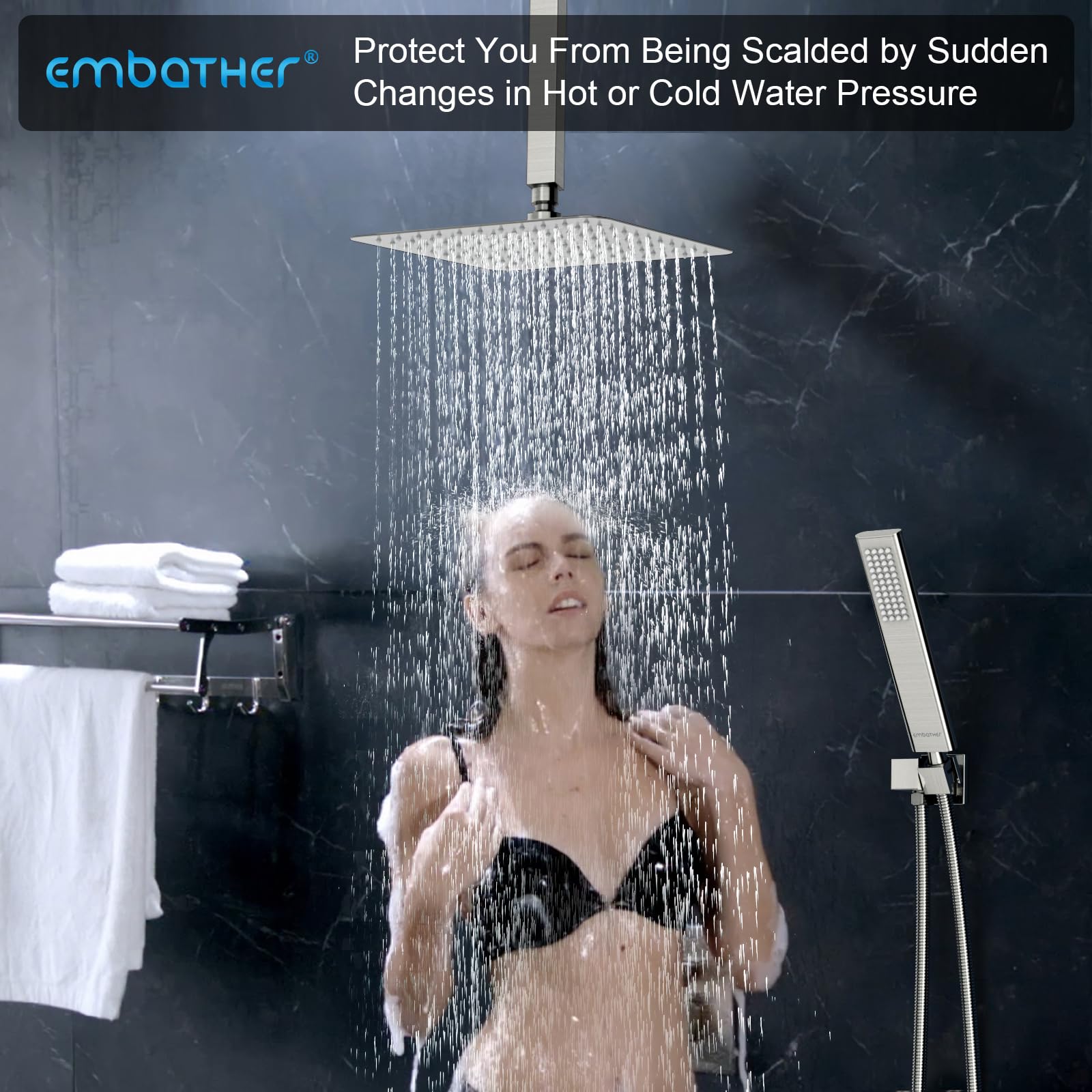 EMBATHER Brushed Nickel Rain Shower System Faucet Set - 12 Inch Rainfall Shower Head with Handheld Sprayer & Valve | Modern Bathroom Upgrade for Spa-Like Experience (Perfect for Master Bath, Guest Bath & Luxury Home Renovations)